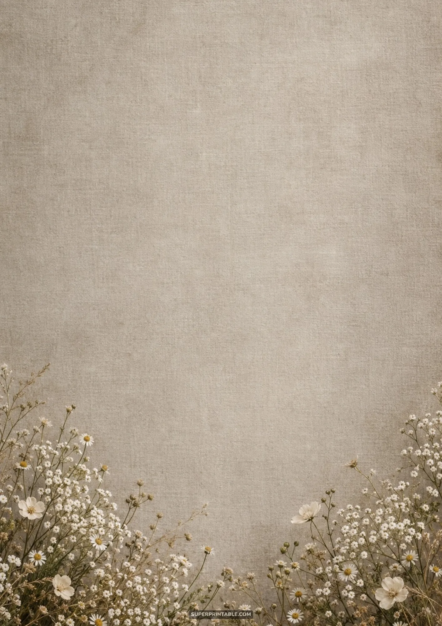 Rustic cottagecore wildflower backgrounds with delicate white blossoms and daisies along beige linen