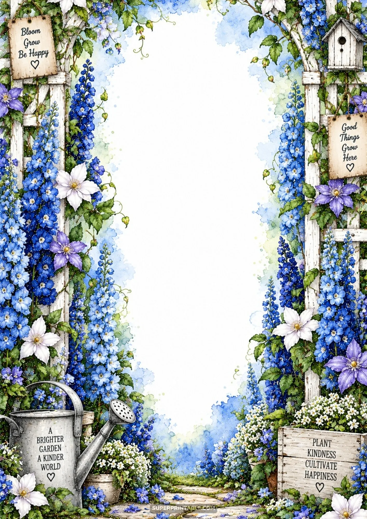 Tall royal blue delphiniums and clematis climbing a white wooden garden trellis with a zinc watering can