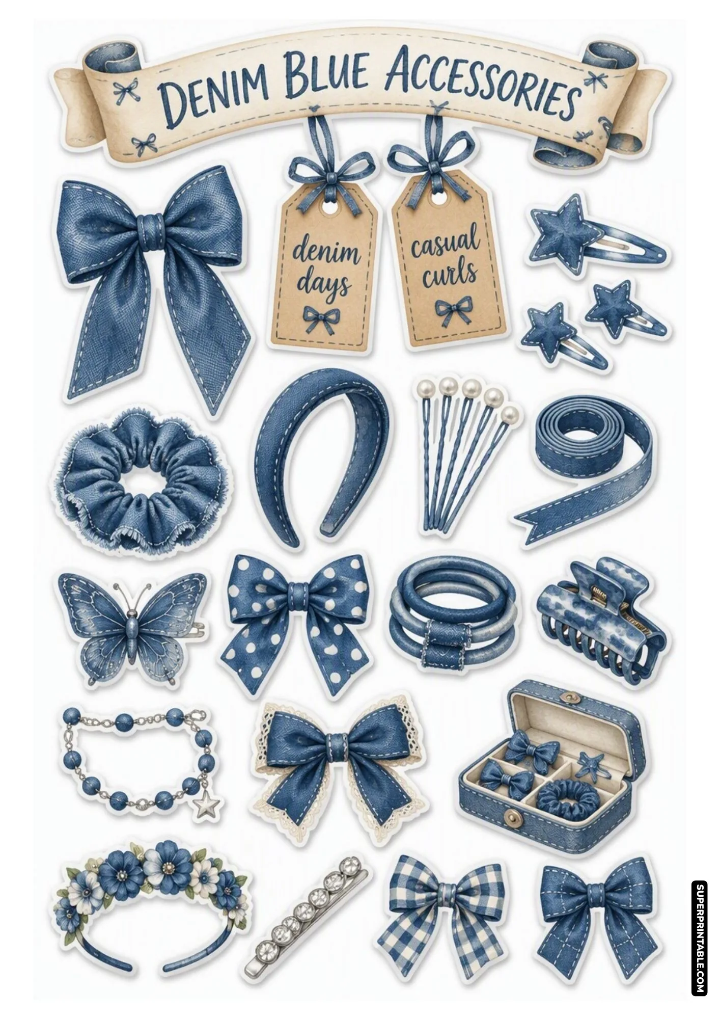 Denim blue printable stickers showing jean fabric bows, star clips, and denim headband.