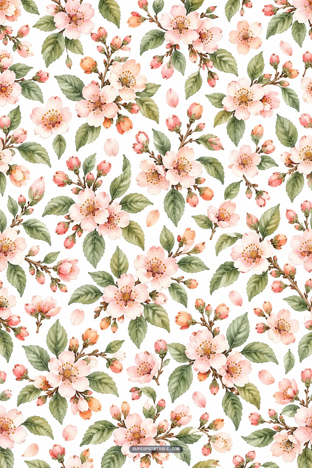 Lush floral pattern of pale pink apricot tree blossoms, delicate buds, and green foliage.