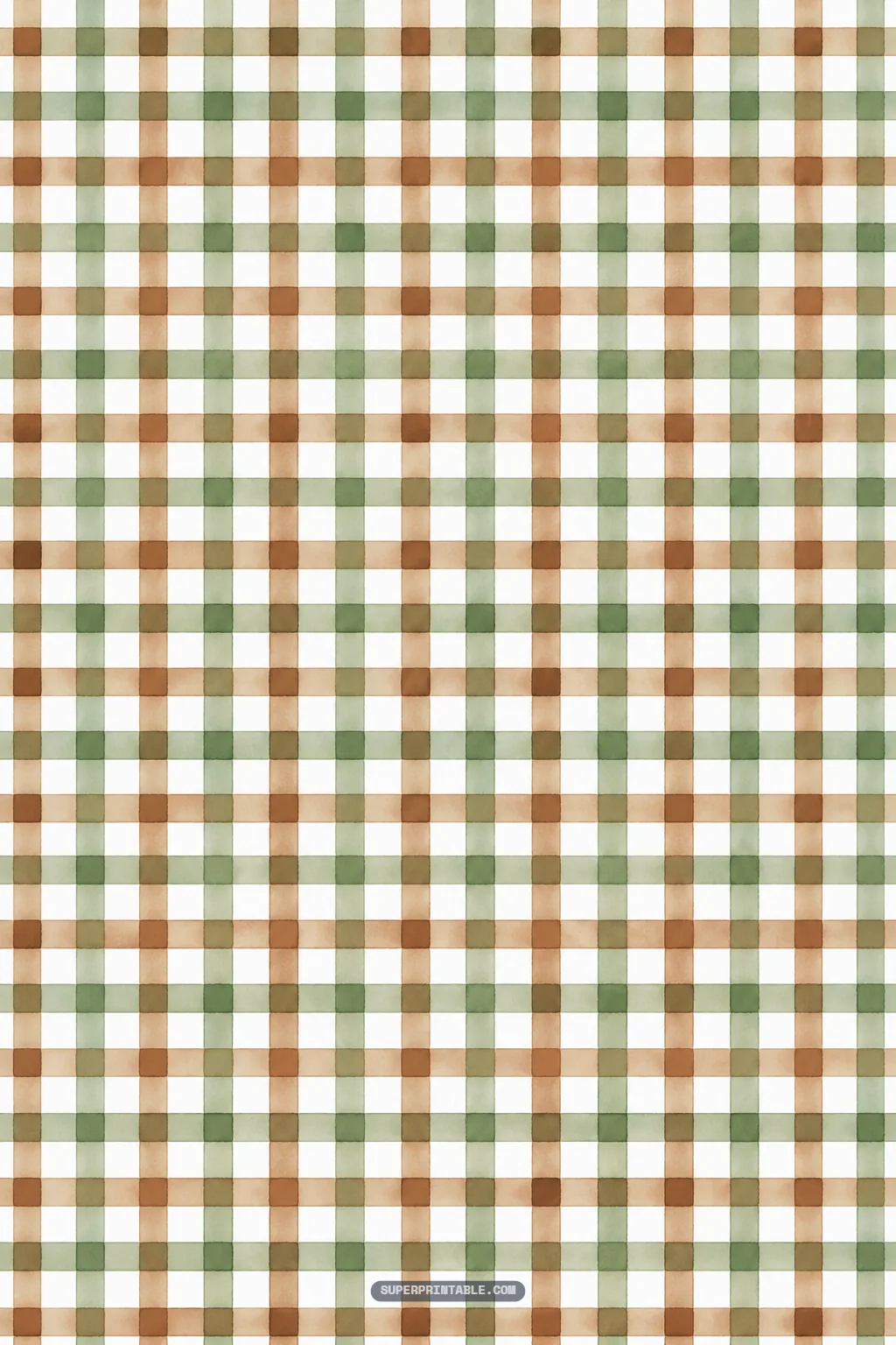 Seamless watercolor gingham check pattern in sage green and warm toffee brown hues.