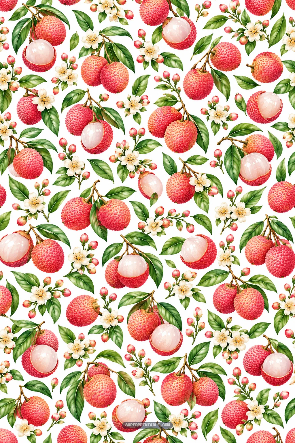 Botanical repeat pattern of red lychee clusters, opened translucent fruit, and white tree blossoms.