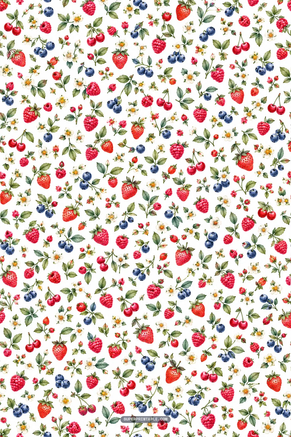 Dense miniature scatter pattern of tiny wild berries, paired red cherries, and delicate green leaves.