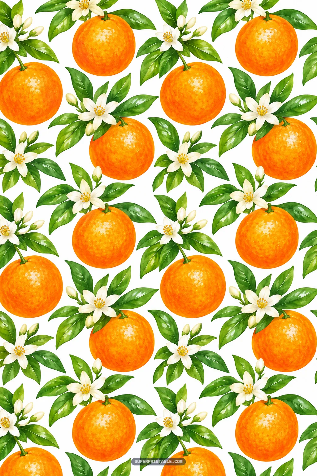 Lush citrus branch pattern displaying bright ripe oranges attached to flowering leafy stems on white background