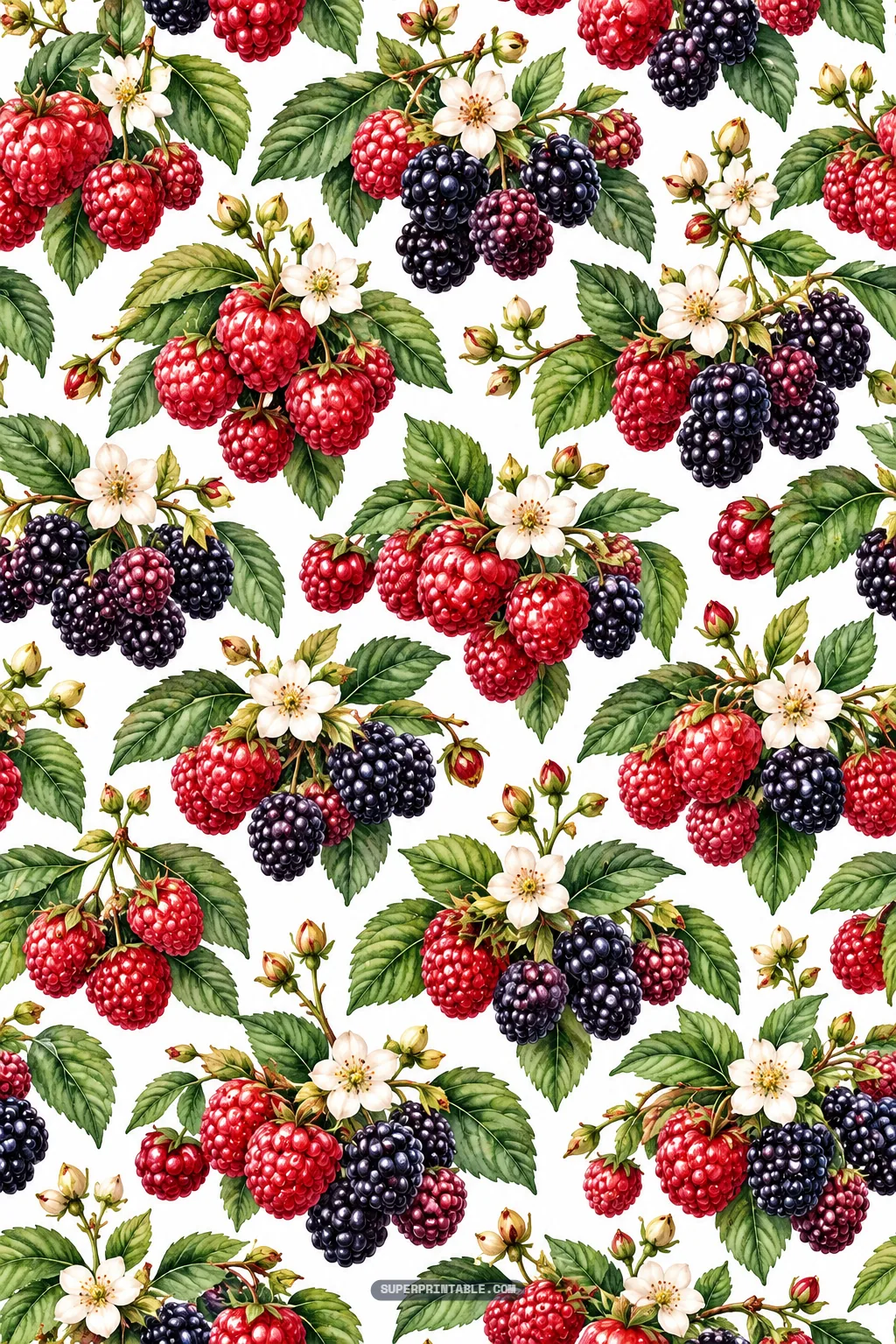 Realistic botanical cluster pattern of red raspberries, black blackberries, and white petals