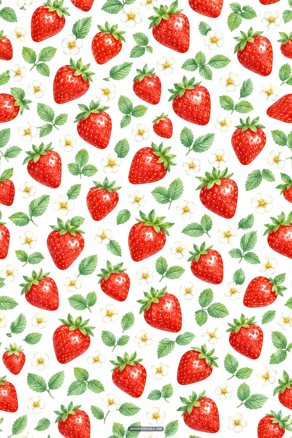 Tossed pattern of plump red strawberries, white blossoms, and green leaves on white