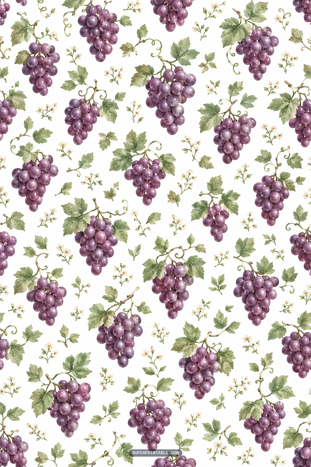 Dense watercolor pattern of hanging purple grape clusters with green leaves and curling tendrils.