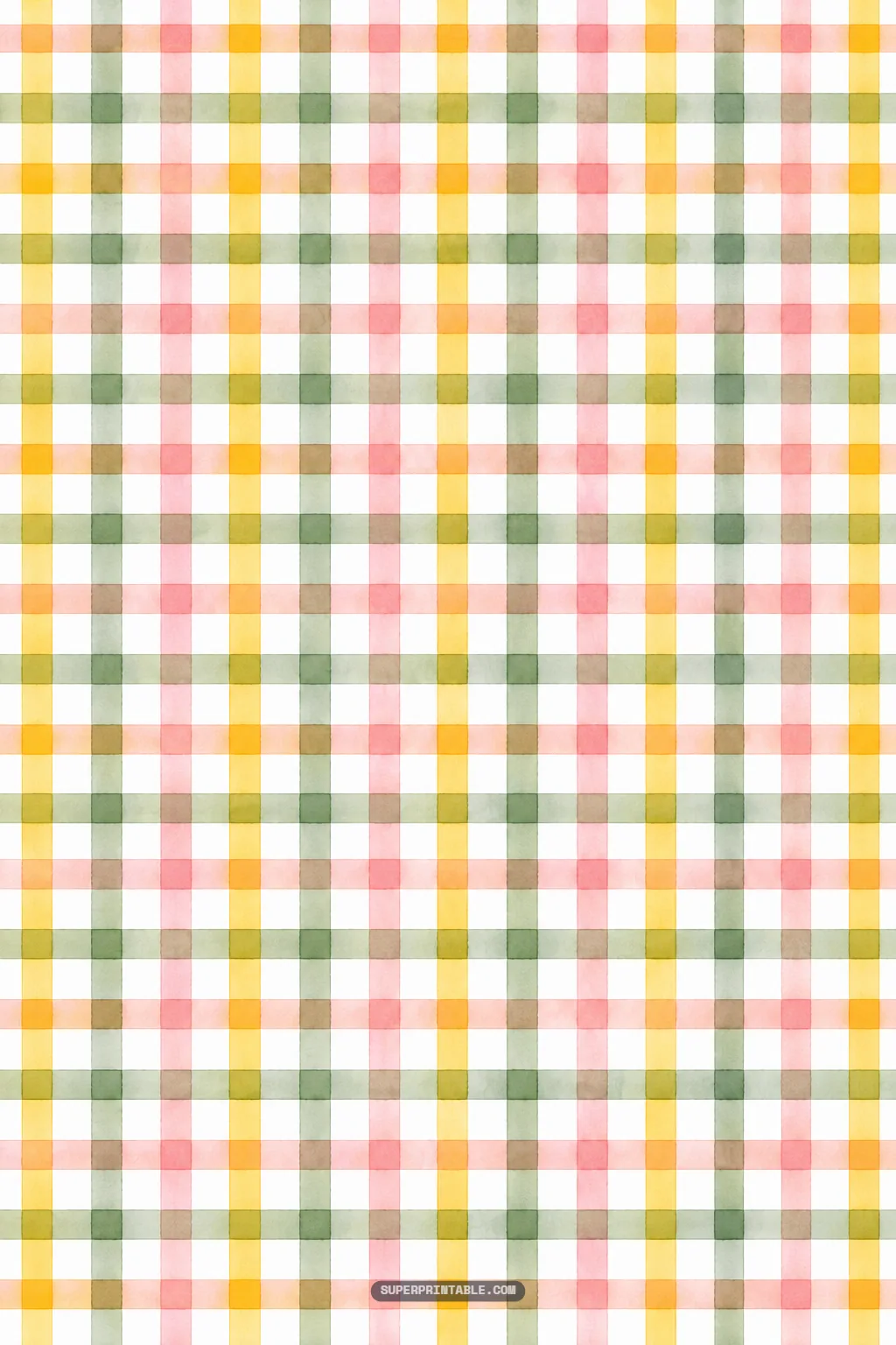 Classic watercolor check pattern with blended yellow, sage green, and pink stripes