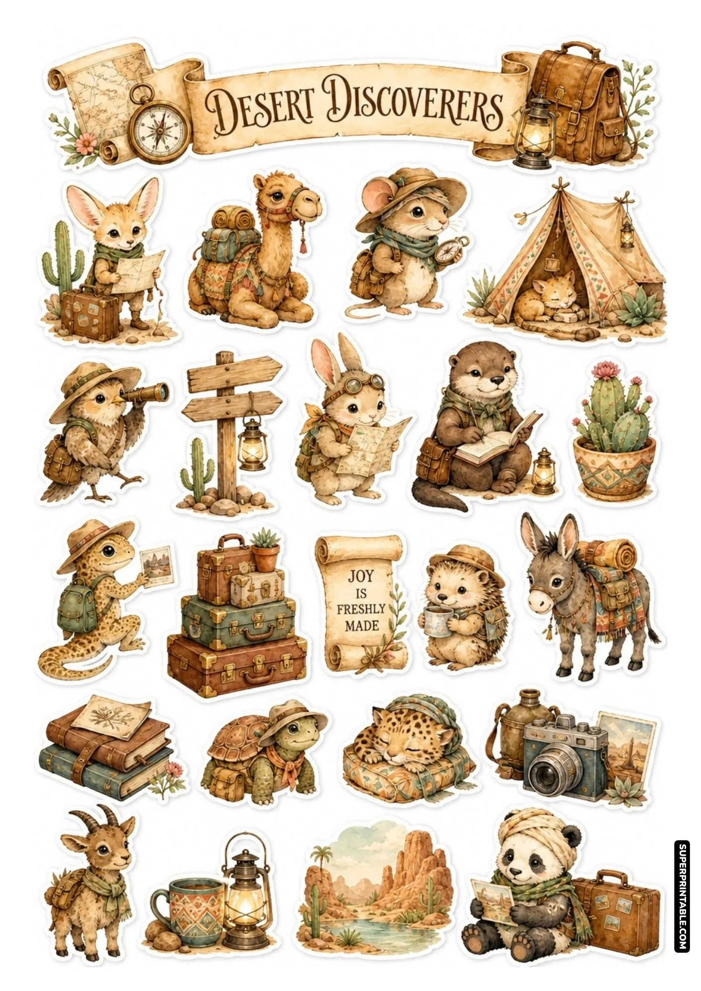 traveling adventure sticker sheets featuring desert woodland animals and travel gear