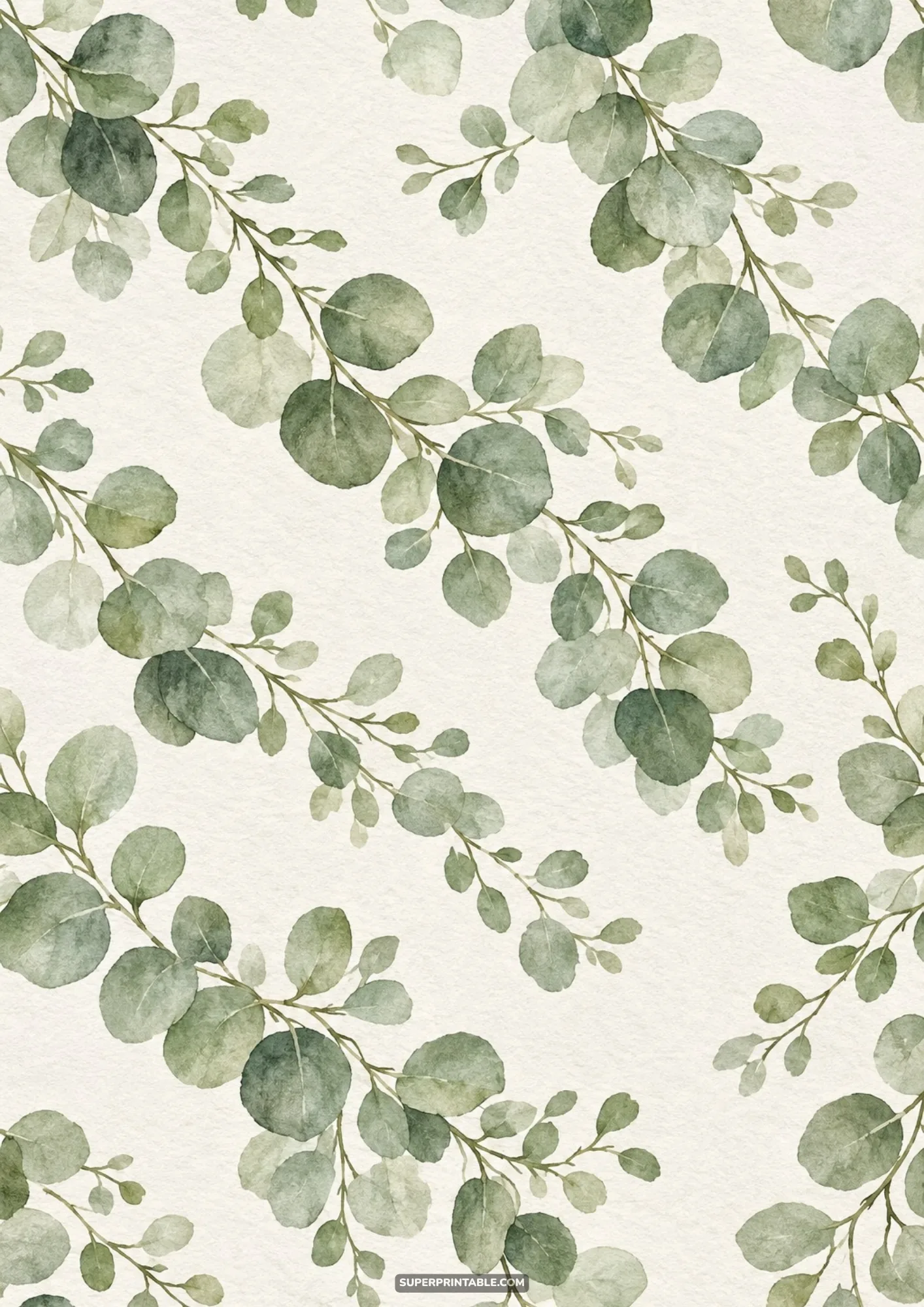 Diagonal sprays of watercolor eucalyptus leaves and budding seed pods across ivory paper