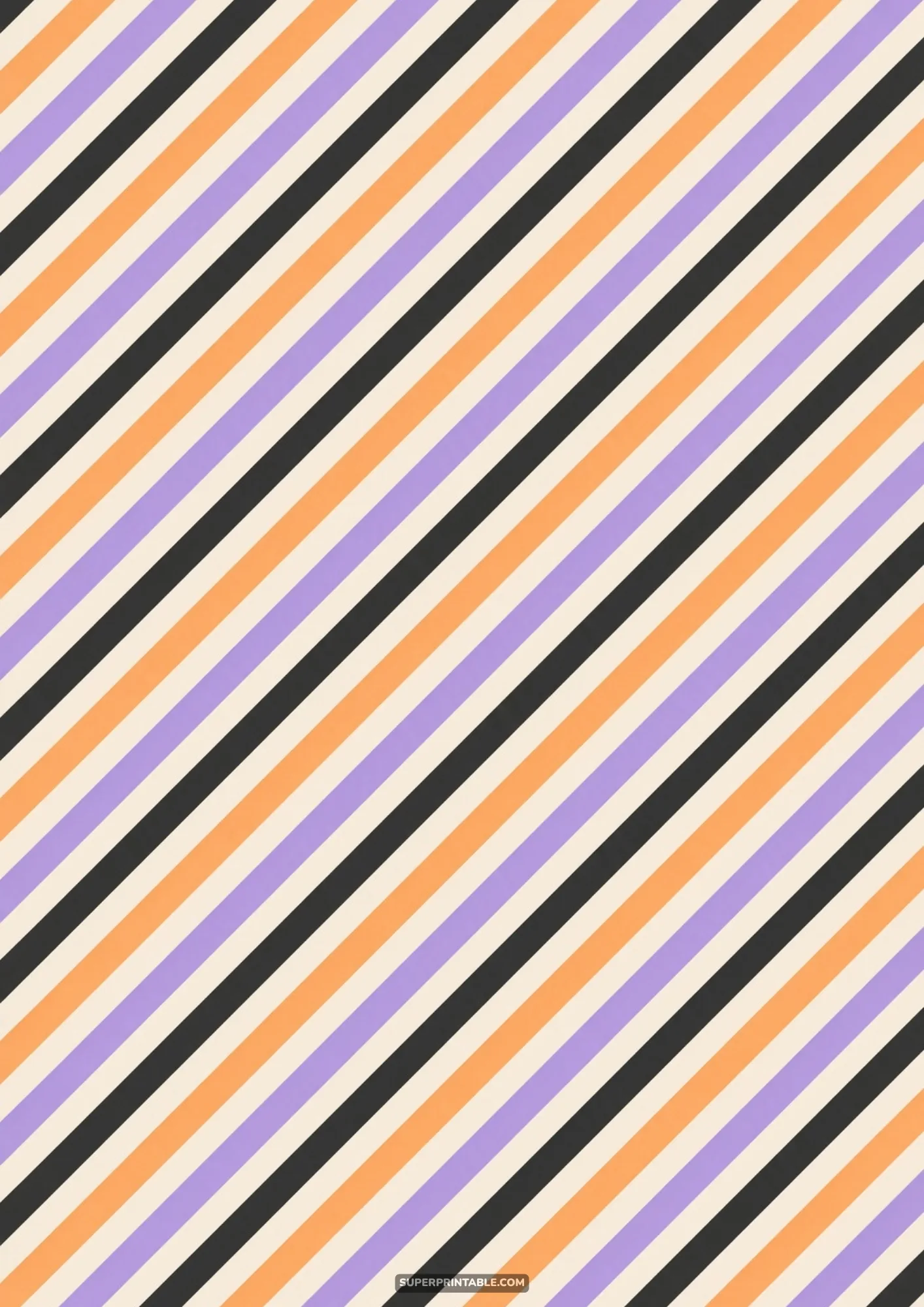 Festive diagonal stripes in pastel lilac purple, pumpkin orange, cream, and charcoal black.