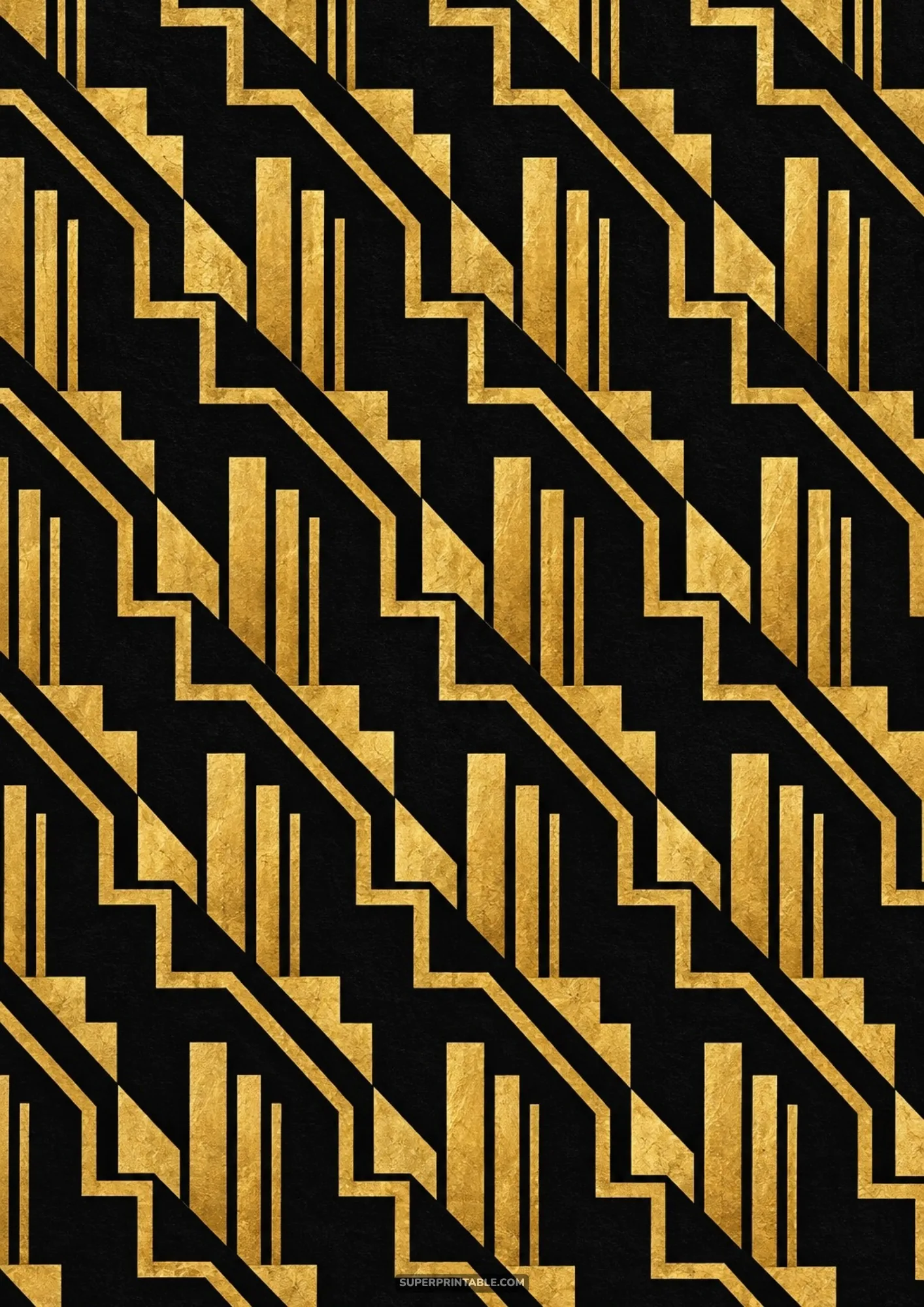 Abstract diagonal stepped chevrons and gold foil skyscraper silhouettes on matte black