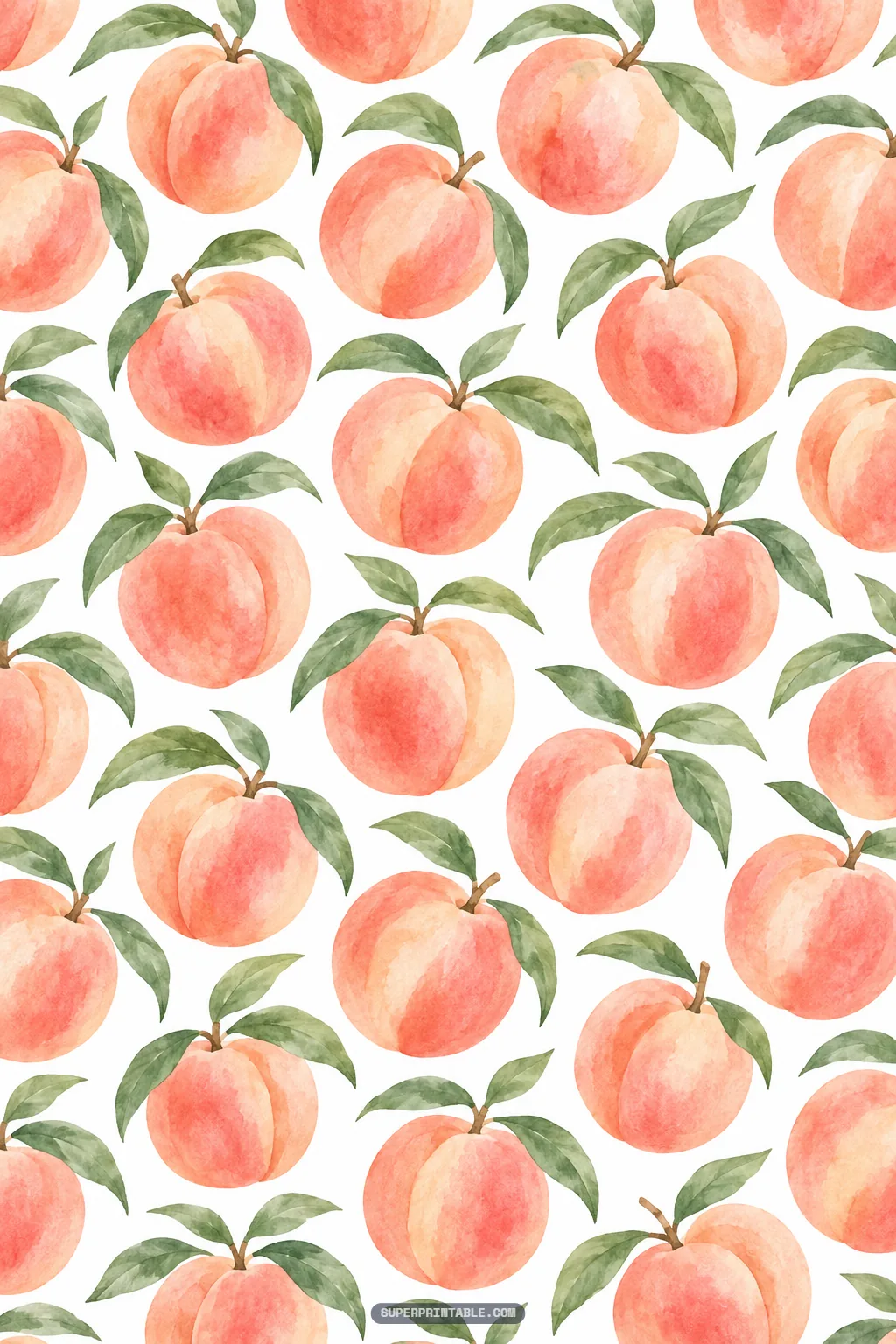 Diagonal repeating pattern of plump watercolor peaches with leafy stems against a white backdrop
