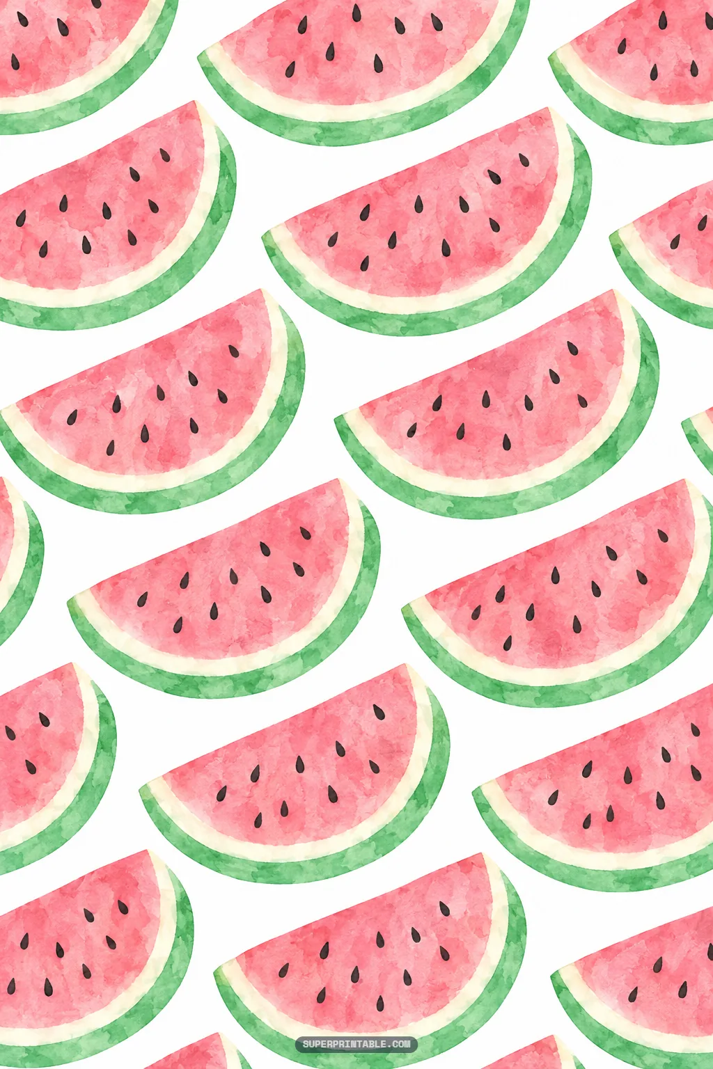 Diagonal pattern of watercolor watermelon slices with green rinds and seeds on white background