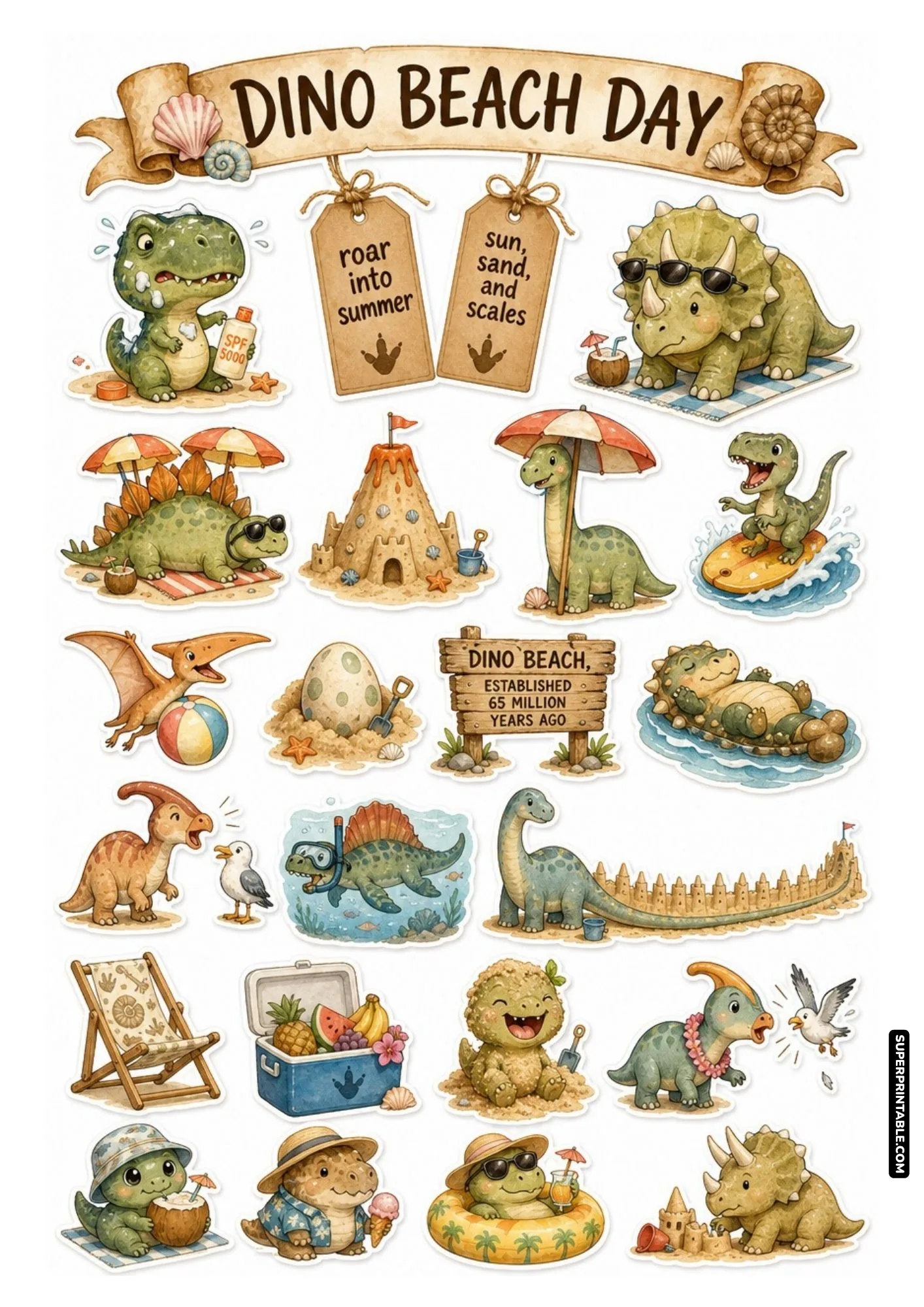 Summer beach themed dinosaur sticker sheet showing dinos surfing, building sandcastles, and relaxing.