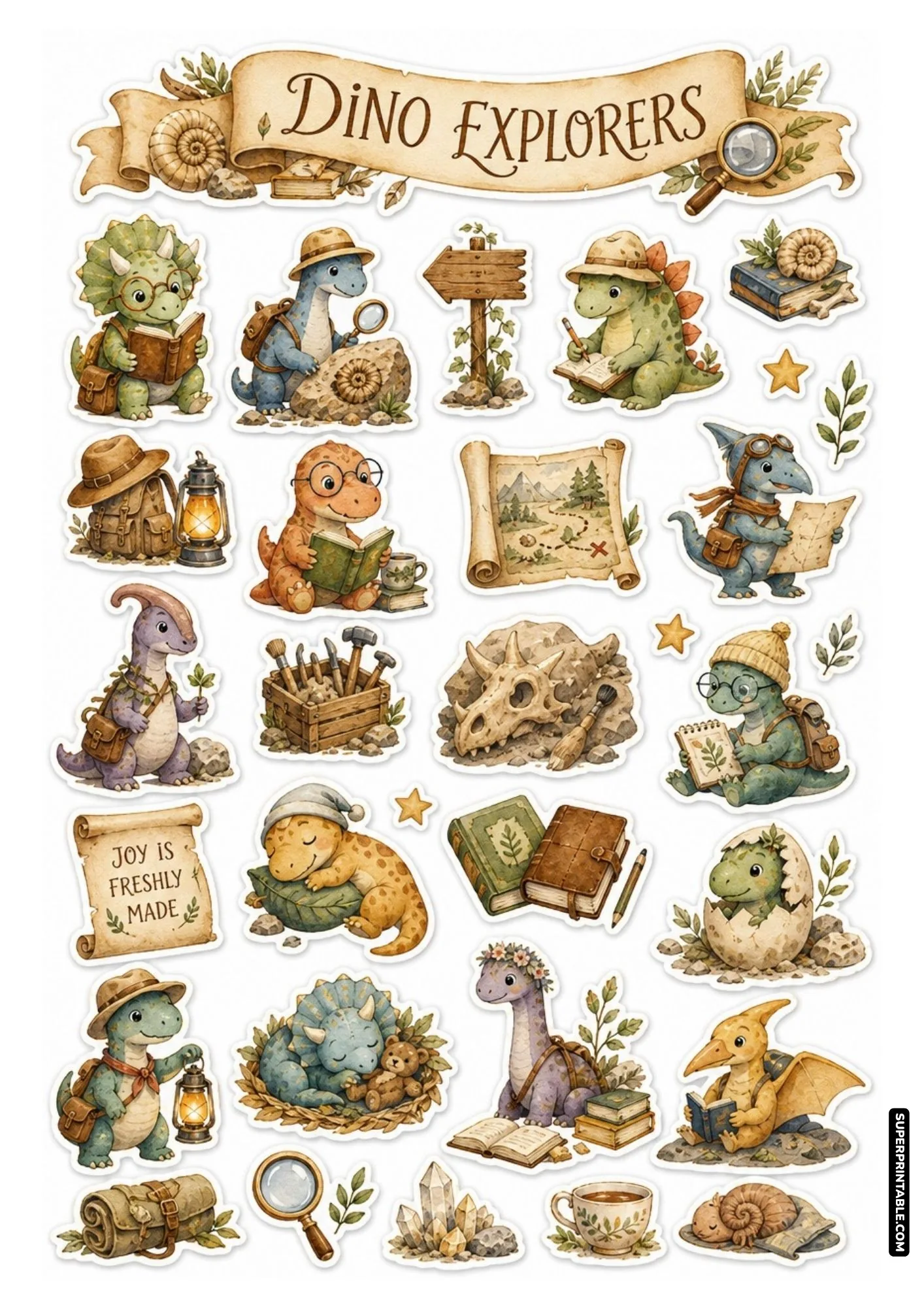 Dino explorers dinosaur scholars sticker sheets with cute adventure dinosaurs inspecting treasure maps.