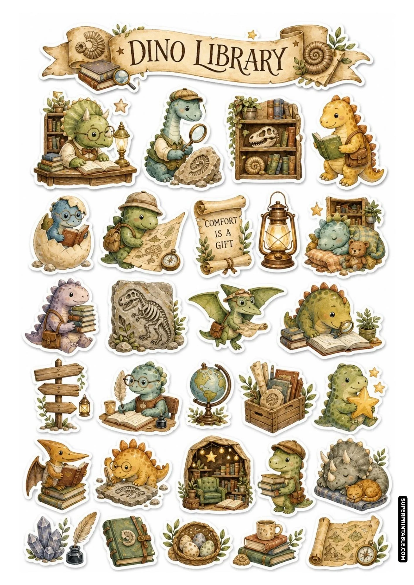 Dino library printable sticker sheet showing cute dinosaurs reading at desks and bookshelves.