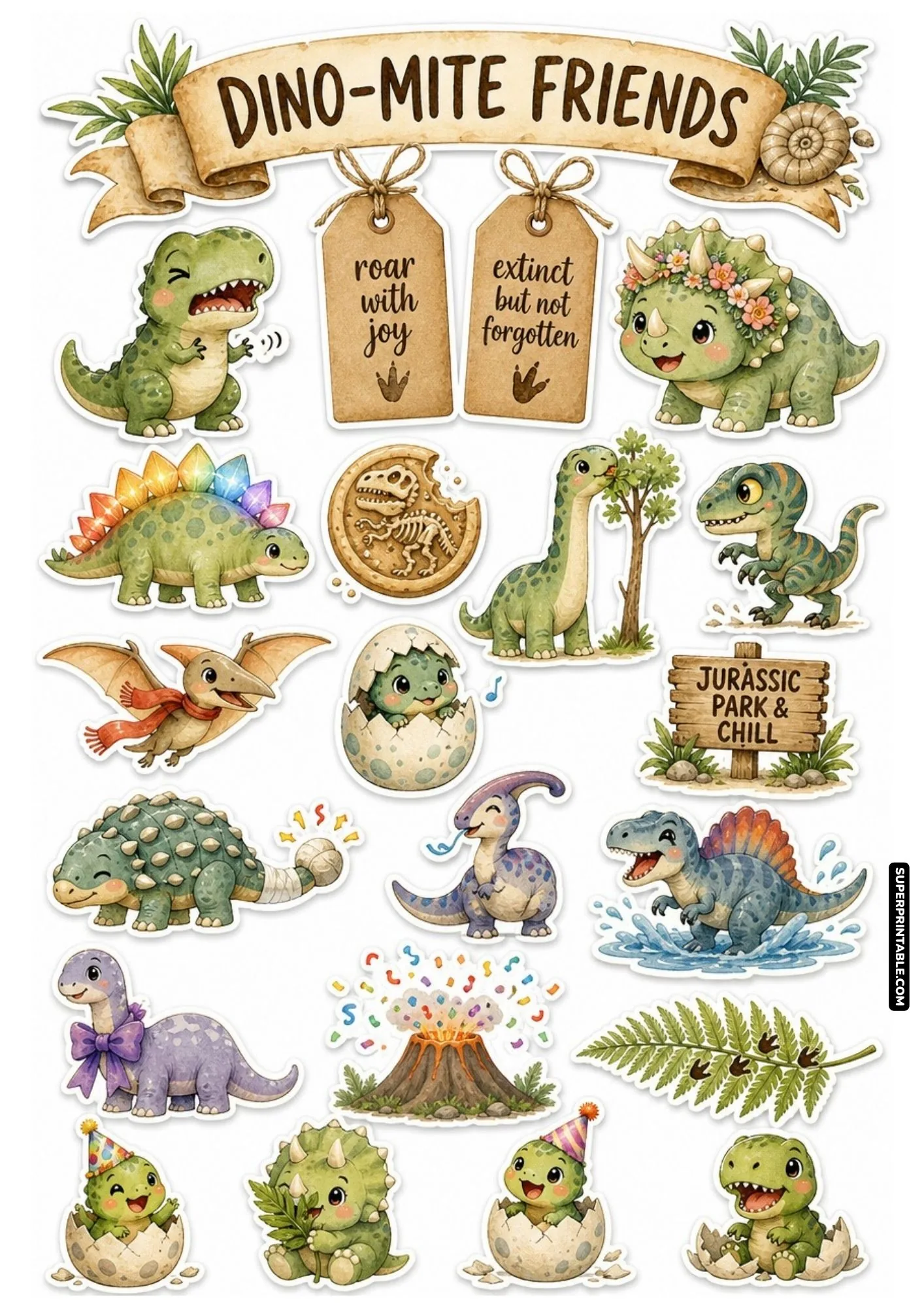 Playful dinosaur collection sheet featuring colorful baby dinos, party hats, fossil cookies, and party favors.