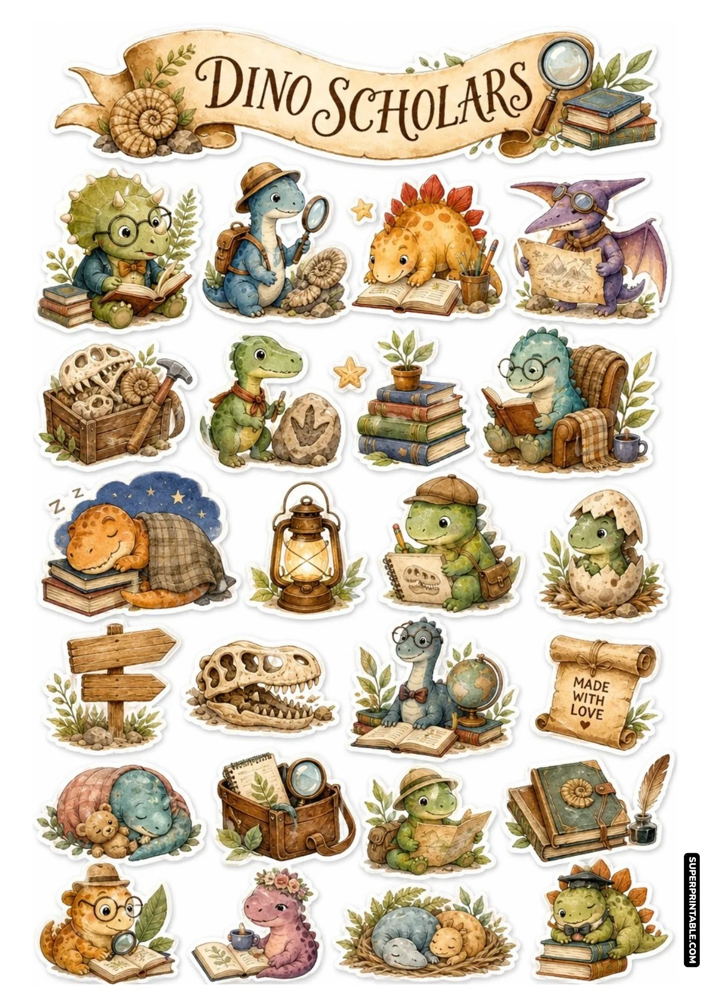 Dino scholars sticker sheet featuring glasses-wearing dinosaurs reading in cozy armchairs.
