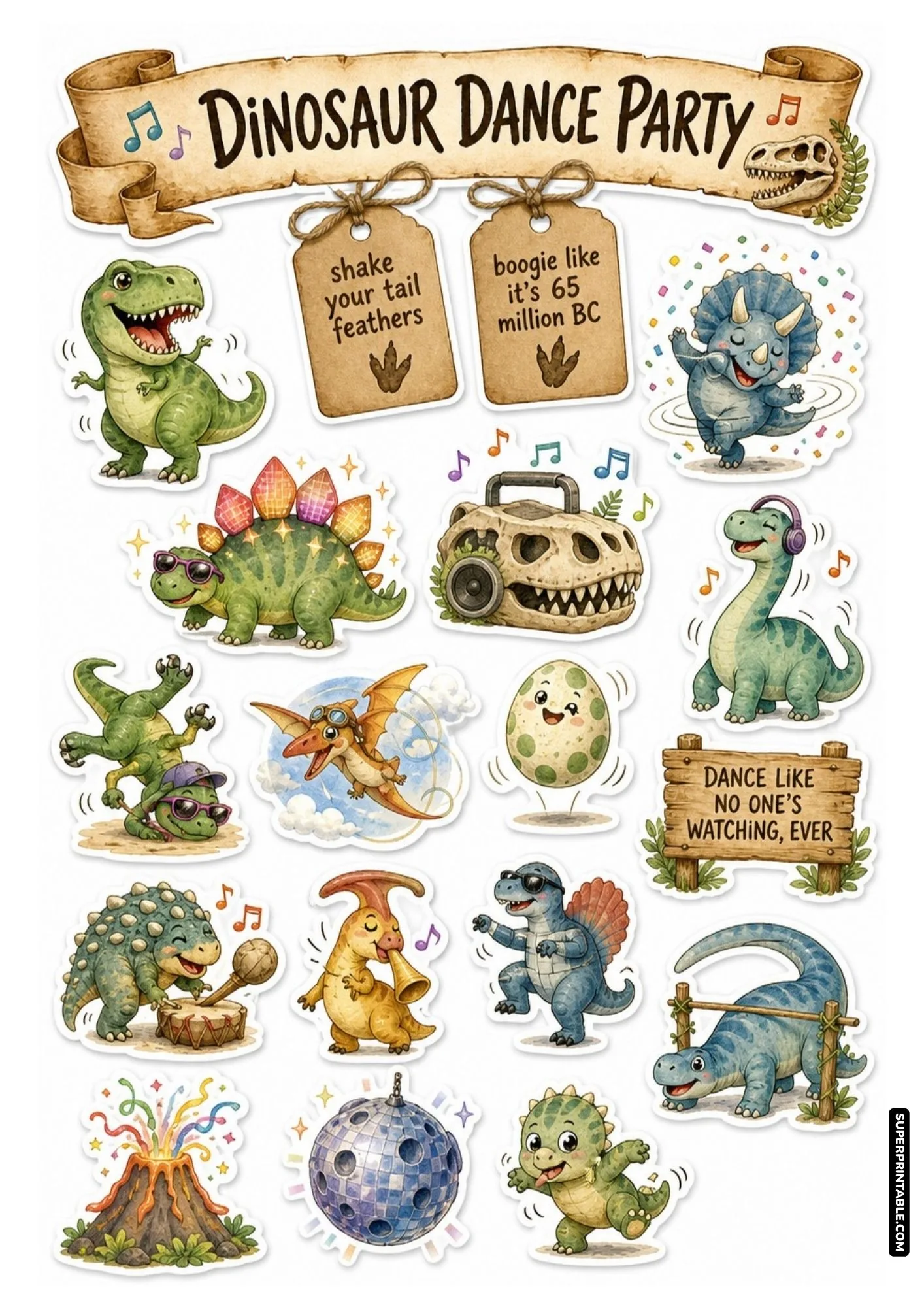 Cute dinosaurs sticker sheets featuring dancing prehistoric characters, a skull boombox, and disco ball.