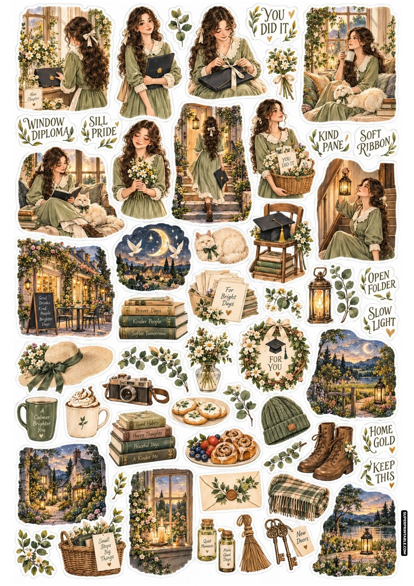 Diploma celebration stickers featuring graduates in sage dresses, leather certificate folders, academic caps, and kittens