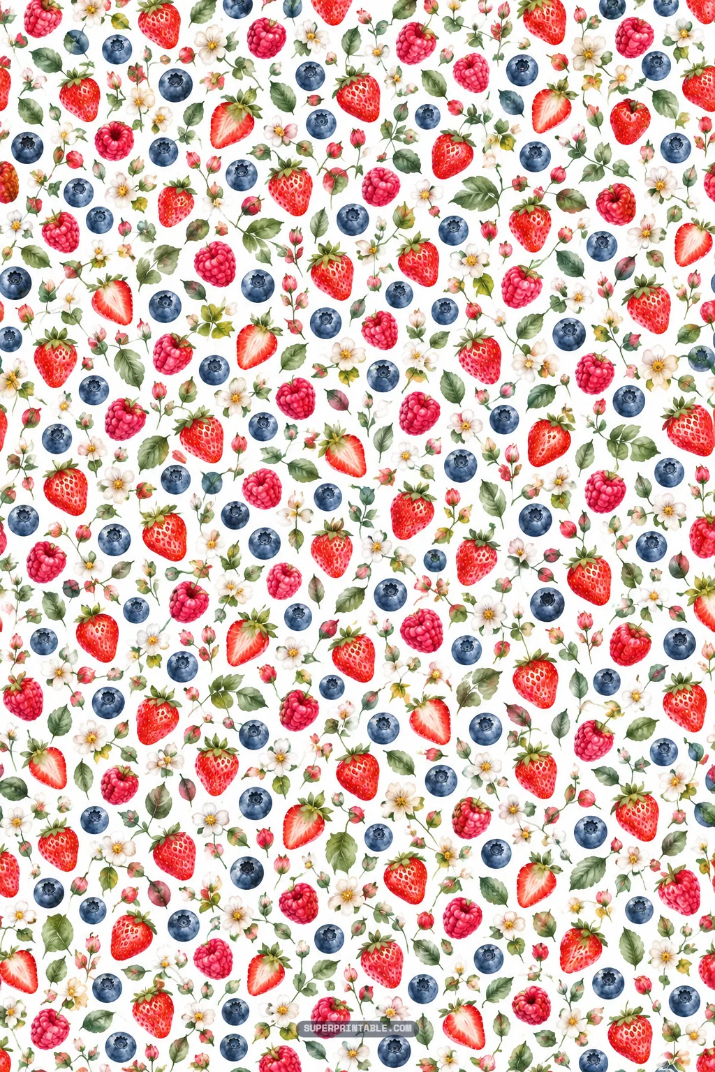 Delicate mini calico scatter of tiny strawberries, raspberries, blueberries, and blossom sprigs on white.