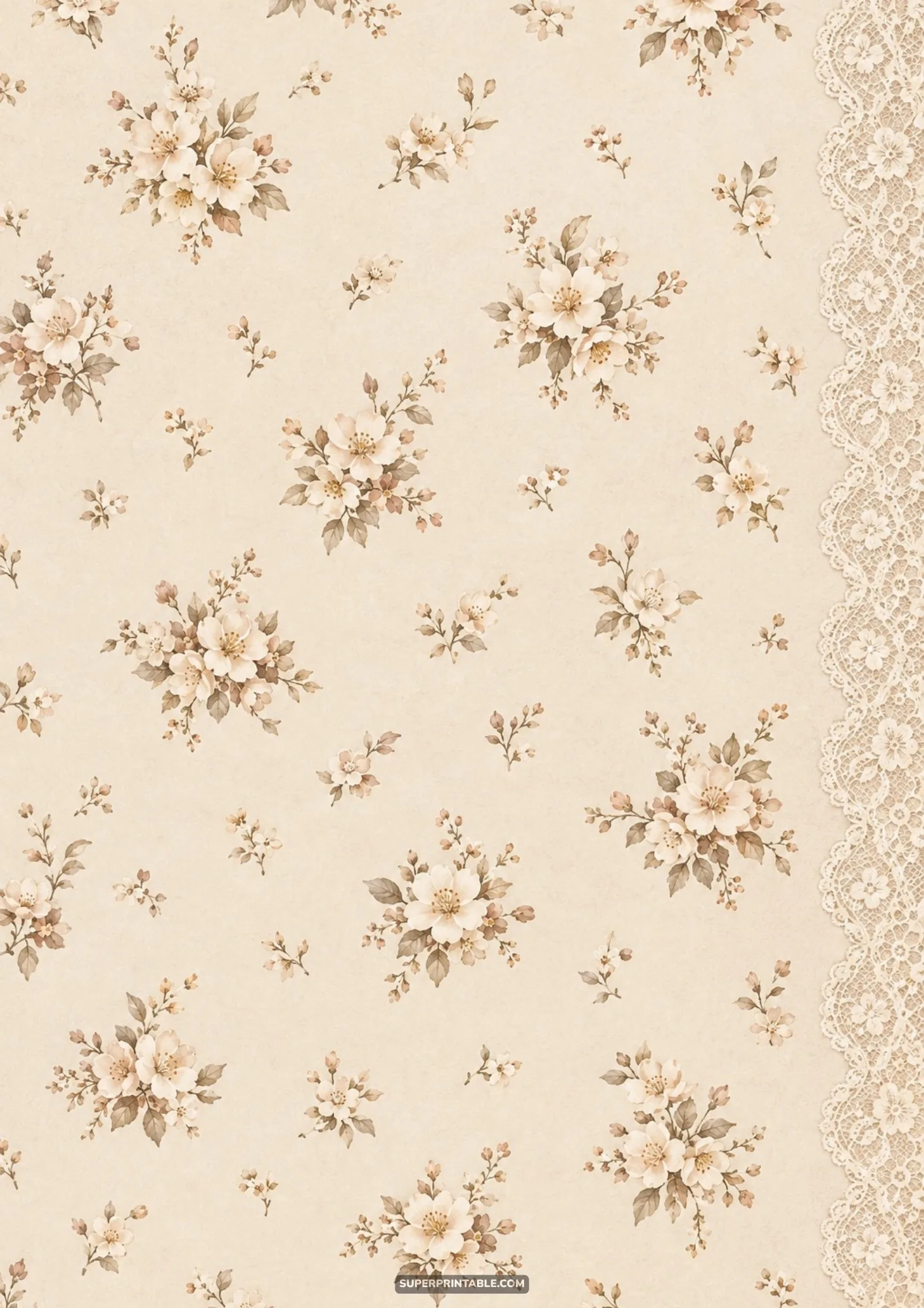 Scattered miniature flower bouquets bordered by an intricate vertical scalloped lace trim