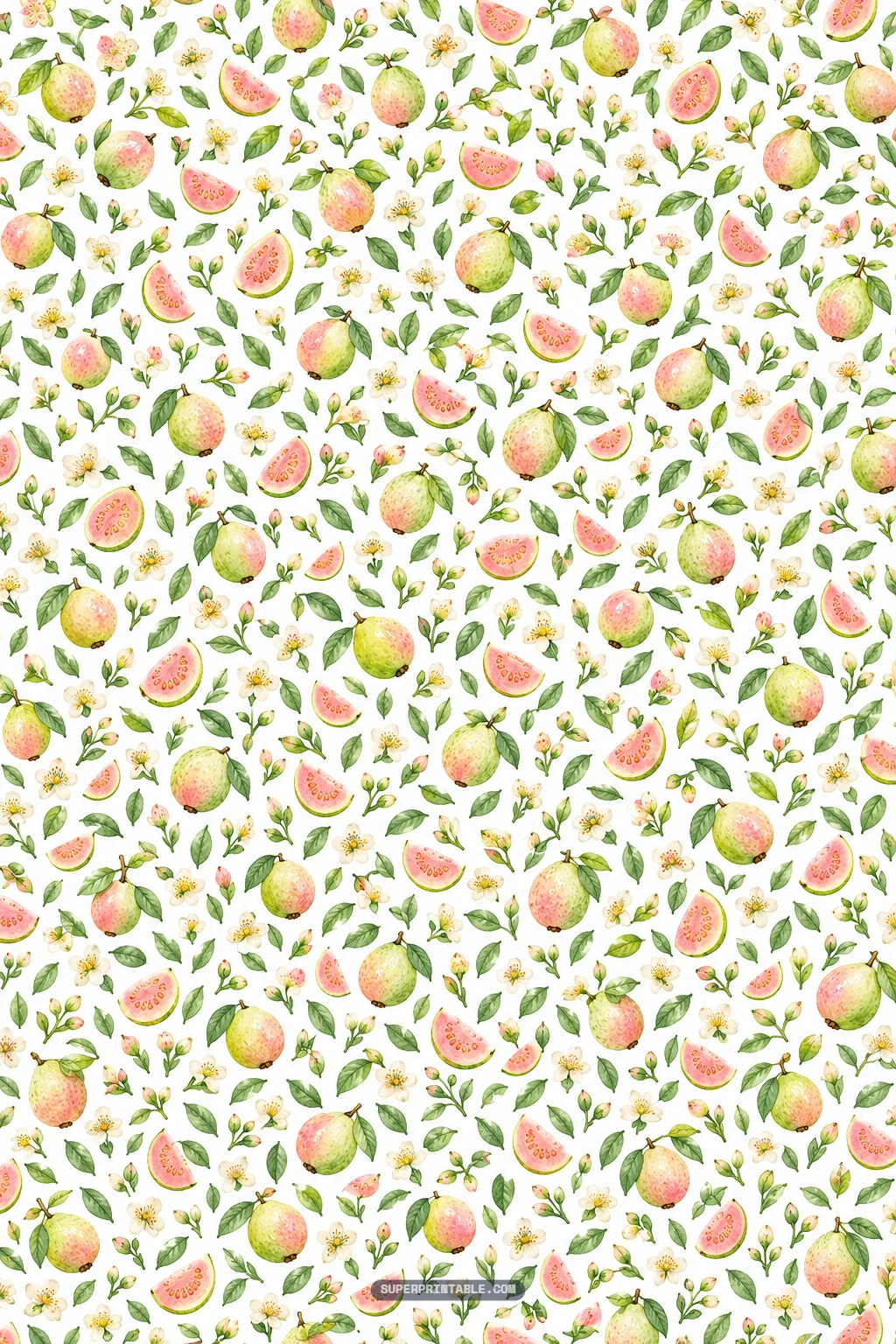 Ditsy print of miniature pink guava fruit slices, tiny blossoms, and green leaves