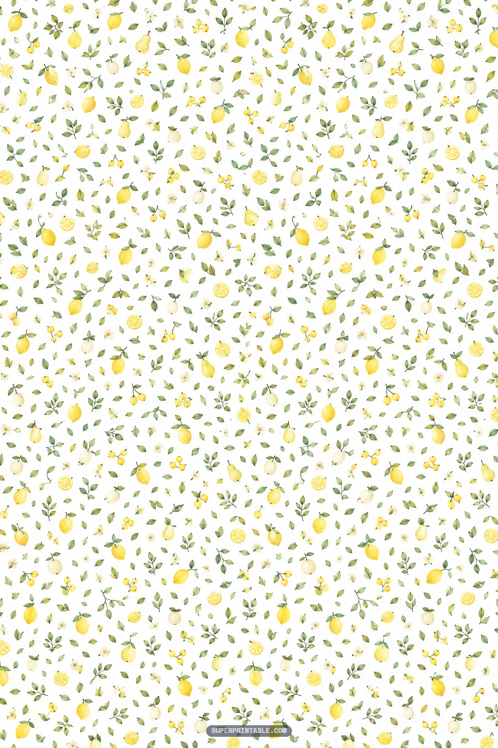 Ditsy miniature print pattern showing tiny scattered lemons, sliced citrus, and small green leaves