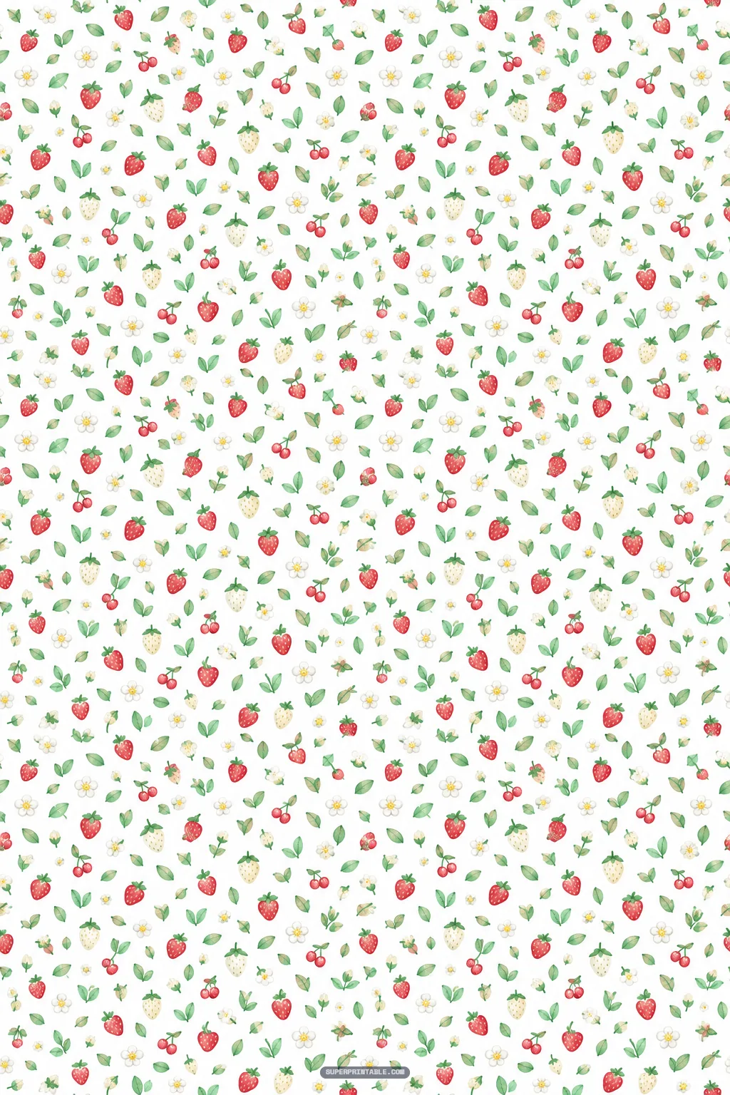 Ditsy print pattern with tiny red and white strawberries, flowers, and leaves on white