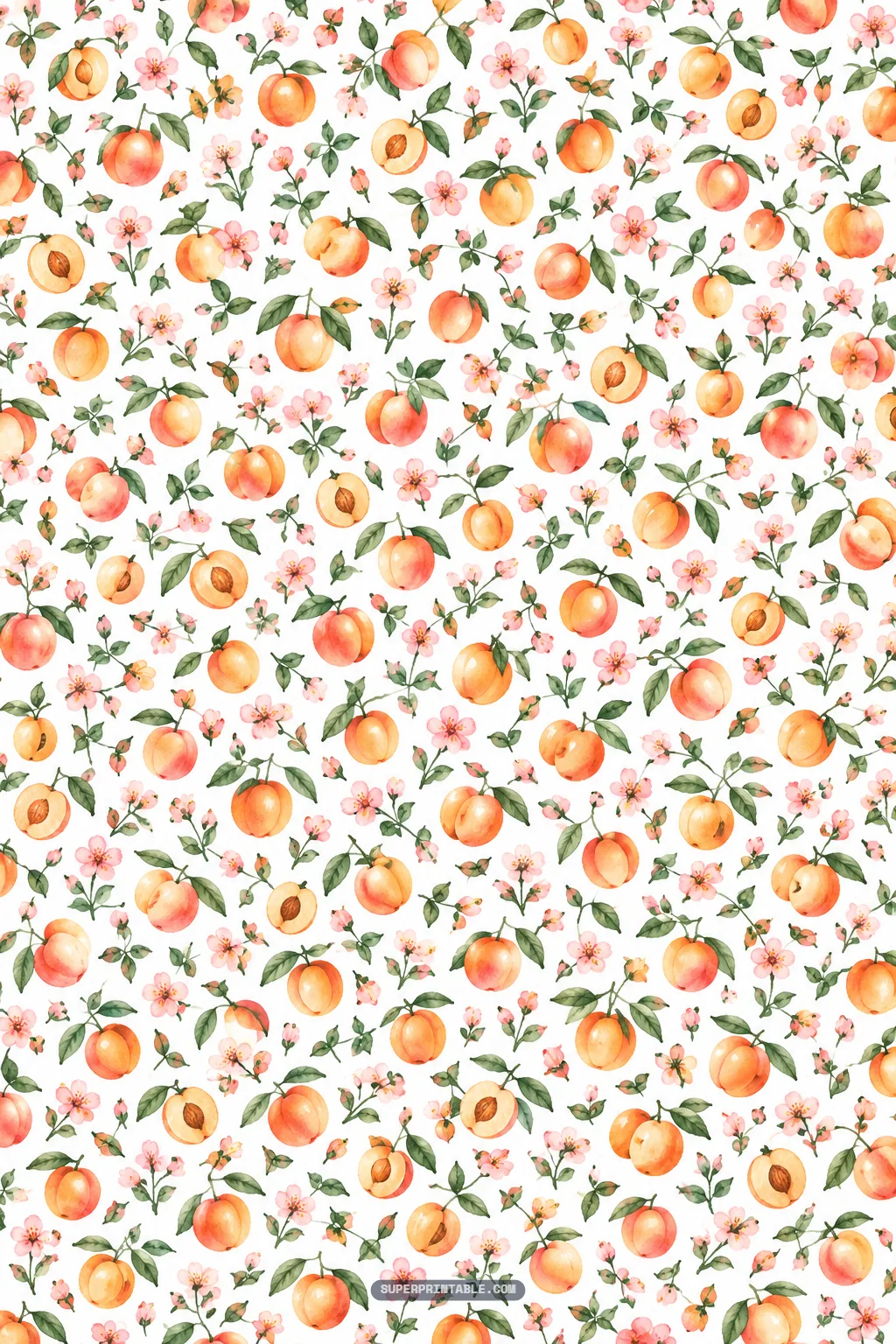 Ditsy mini print of tiny nectarines, miniature pink blossoms, and delicate green leaves.