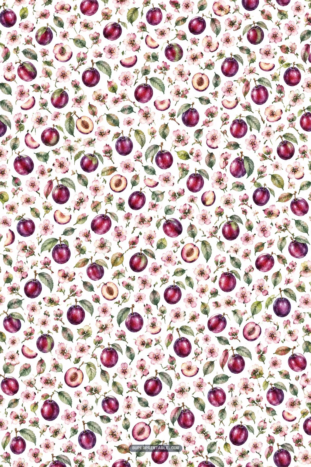 Delicate ditsy print with miniature purple plums, tiny blossom buds, and fresh green leaves