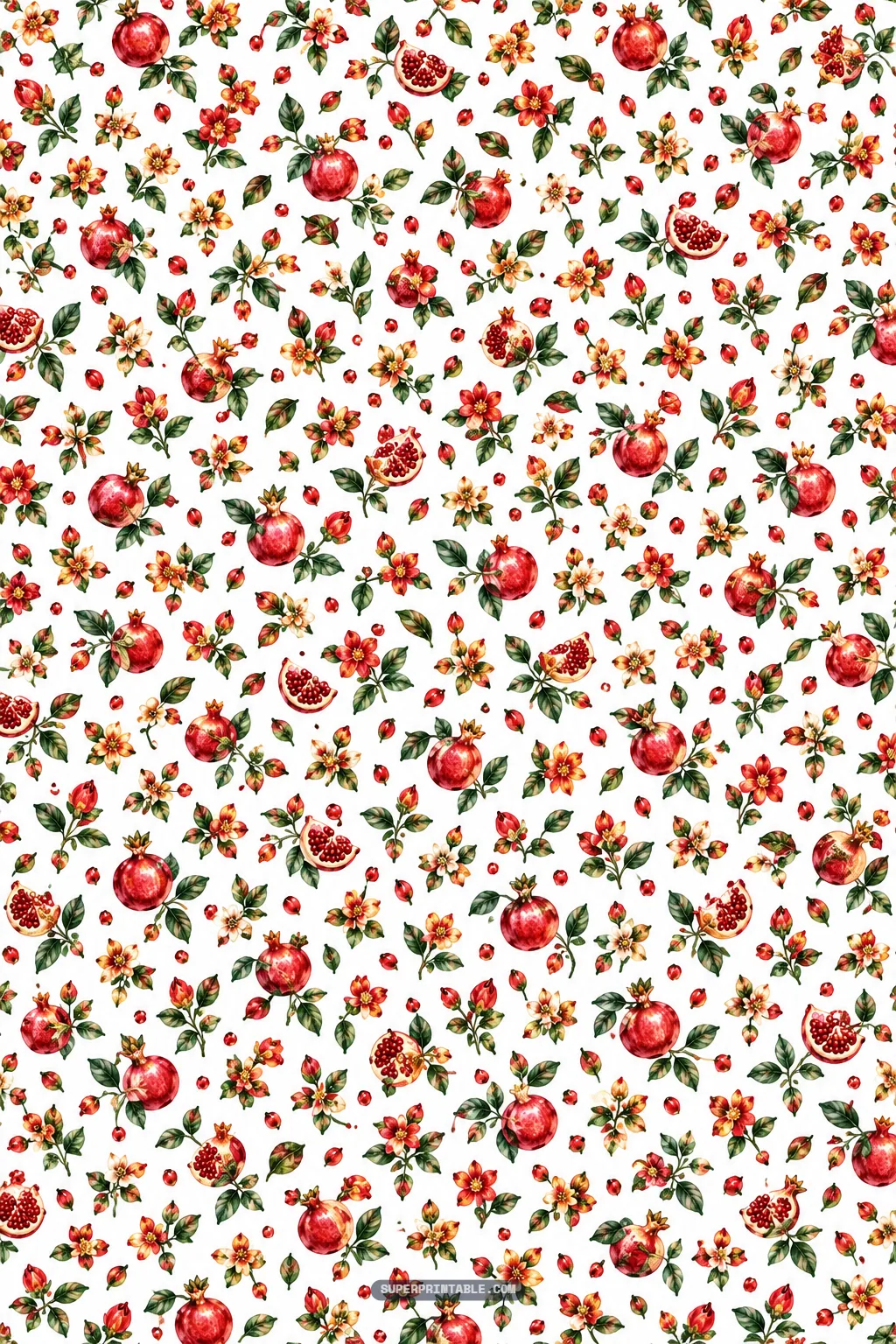Fine ditsy pomegranate seed and blossom toss pattern on a crisp white background