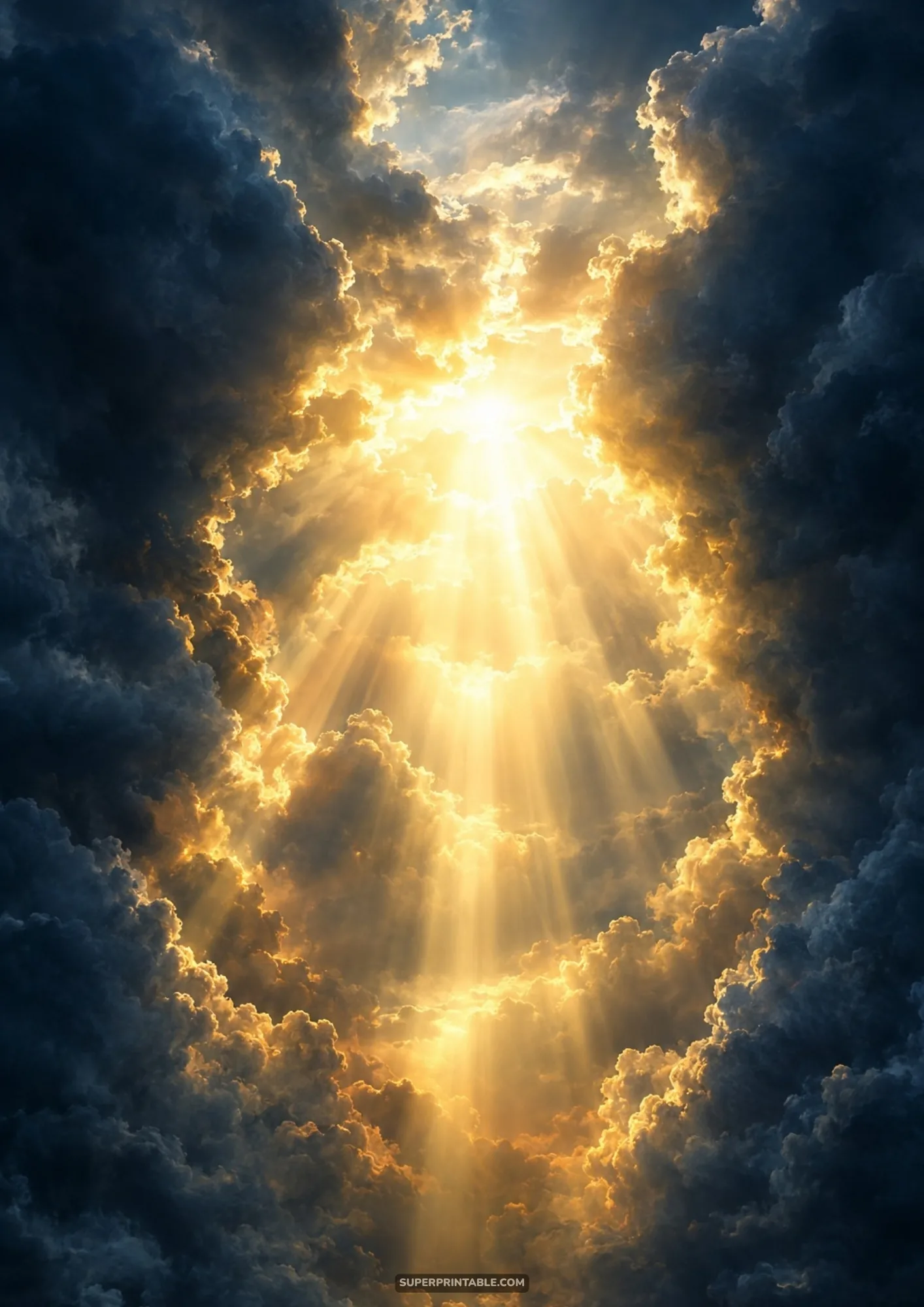 Radiant sunbeams breaking dramatically through dark storm clouds in an ethereal golden sky