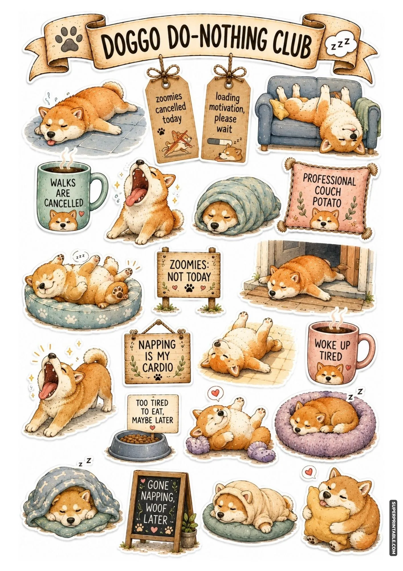 Cozy sticker collection of sleepy Shiba Inu dogs yawning and resting with funny lazy quotes.