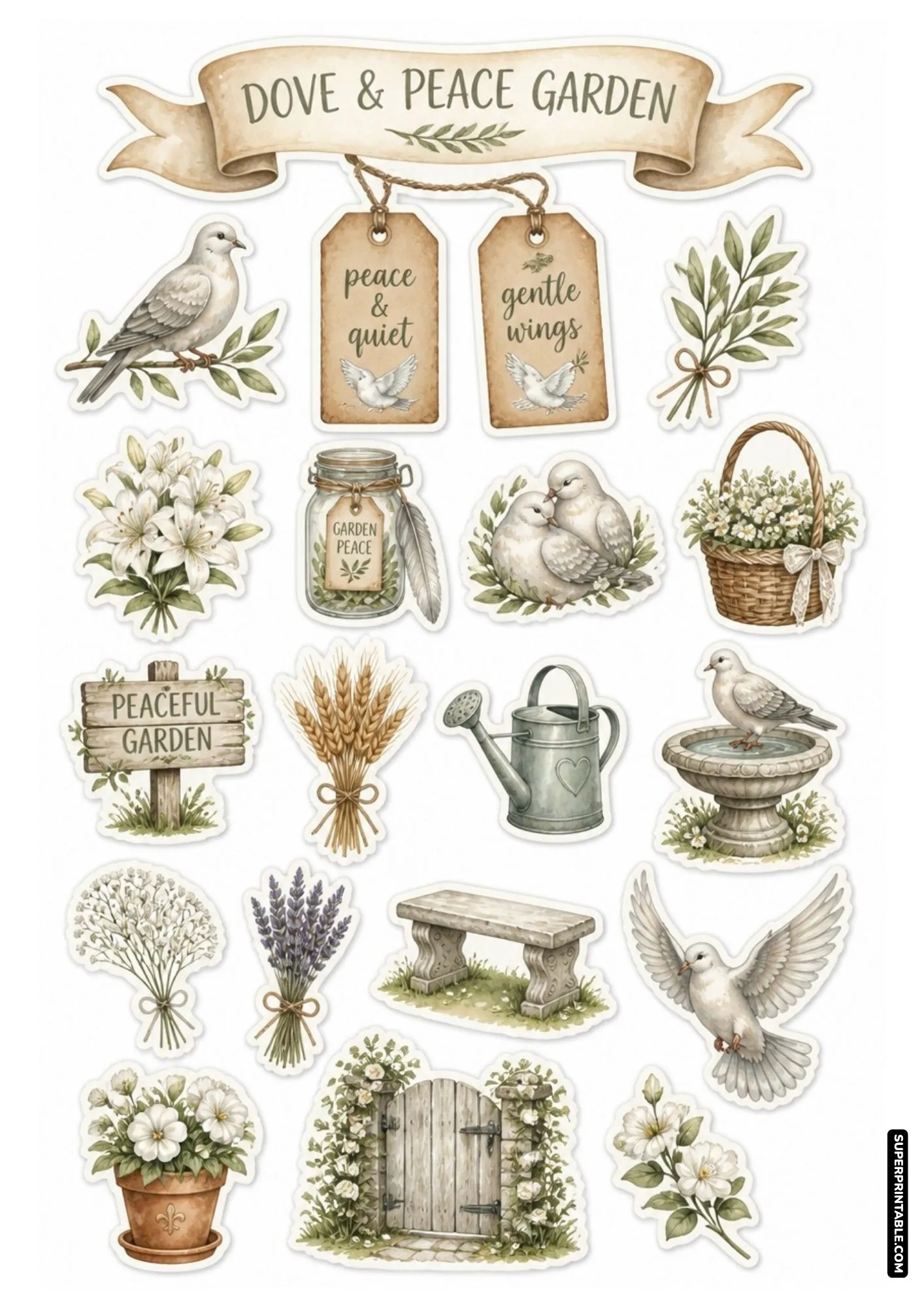 White dove stickers with peaceful olive branches, white lilies, and rustic stone birdbaths.