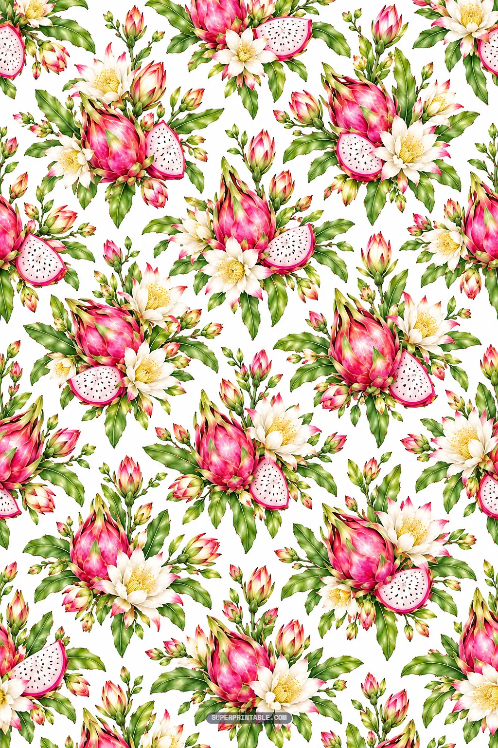 Watercolor posies of whole pitaya fruits, sliced fruit chunks, and white blossoms in neat repeat.