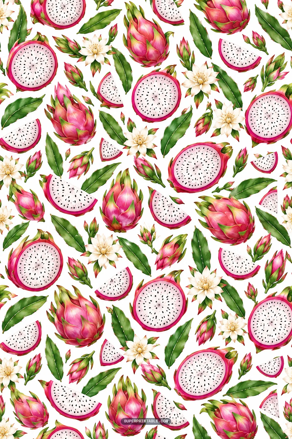 Scattered pitaya fruits, juicy cross sections, sliced wedges, and white night-blooming flowers.