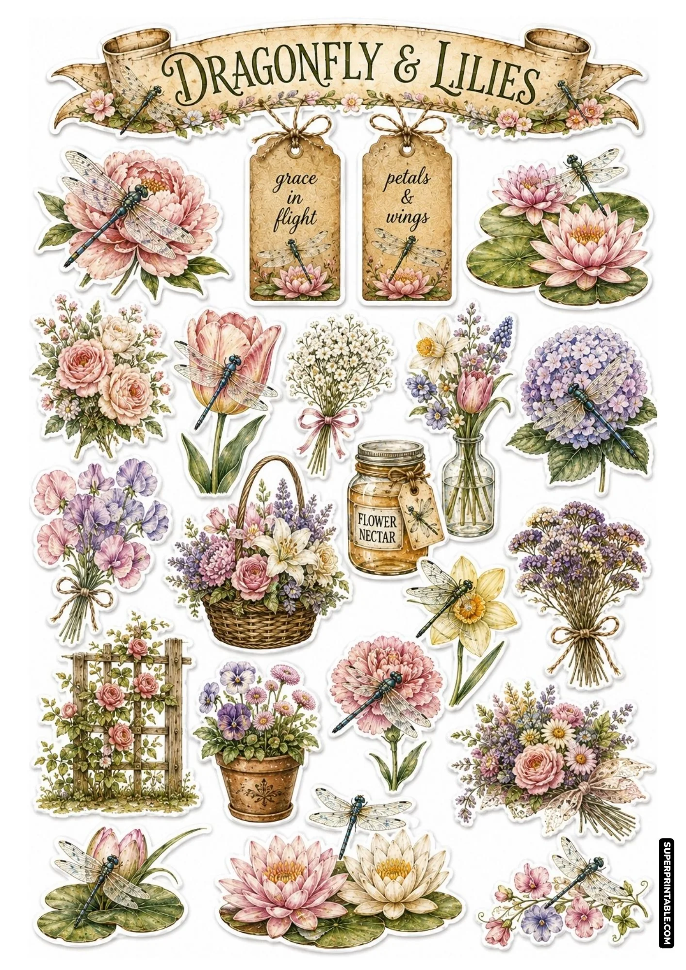 Vintage watercolor dragonfly and lilies sticker sheet with soft pink water lilies, floral bouquets, and glass jars.