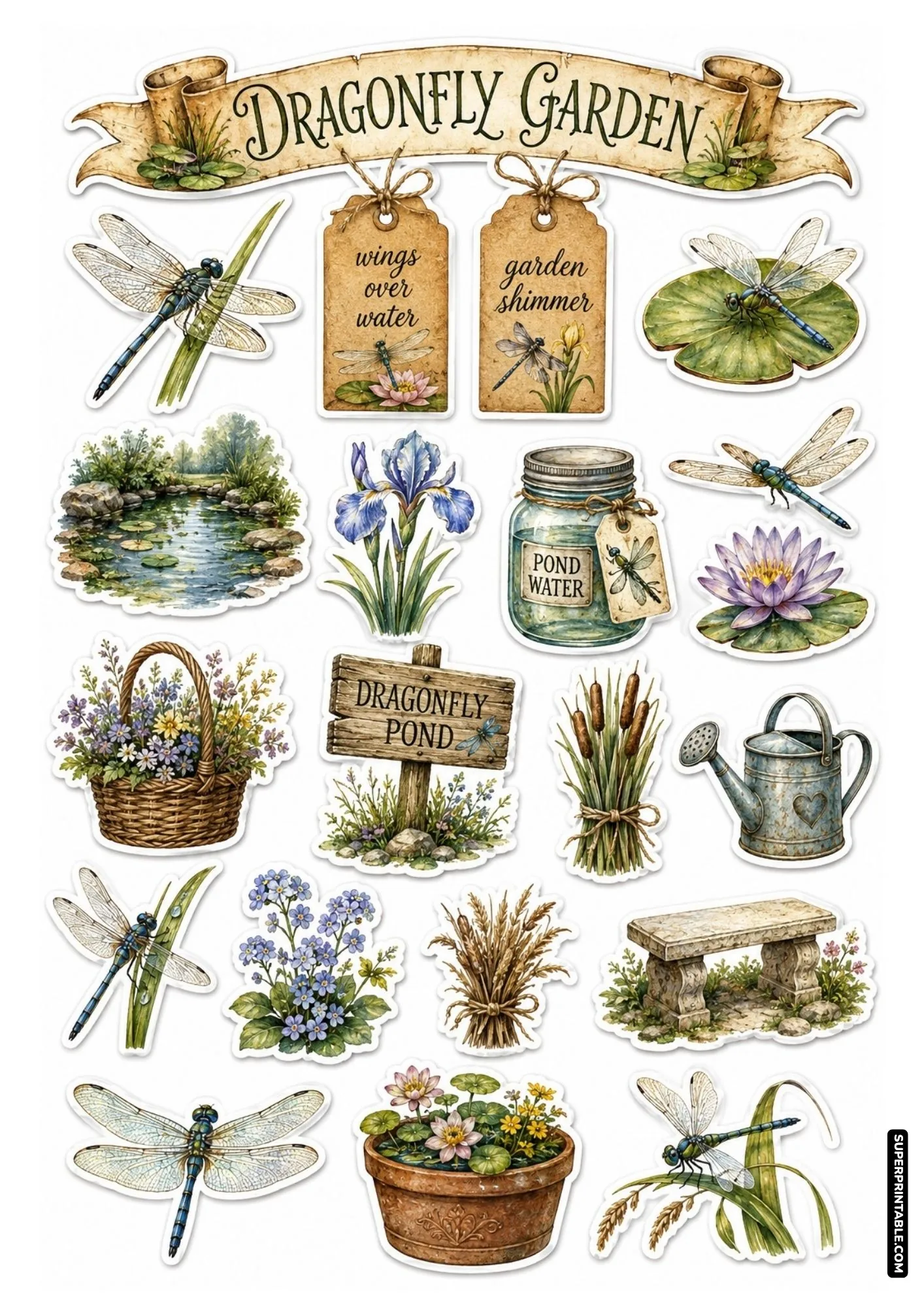 Dragonfly pond sticker sheets layout showcasing serene garden pond views, blue dragonflies on lily pads, and cattails.