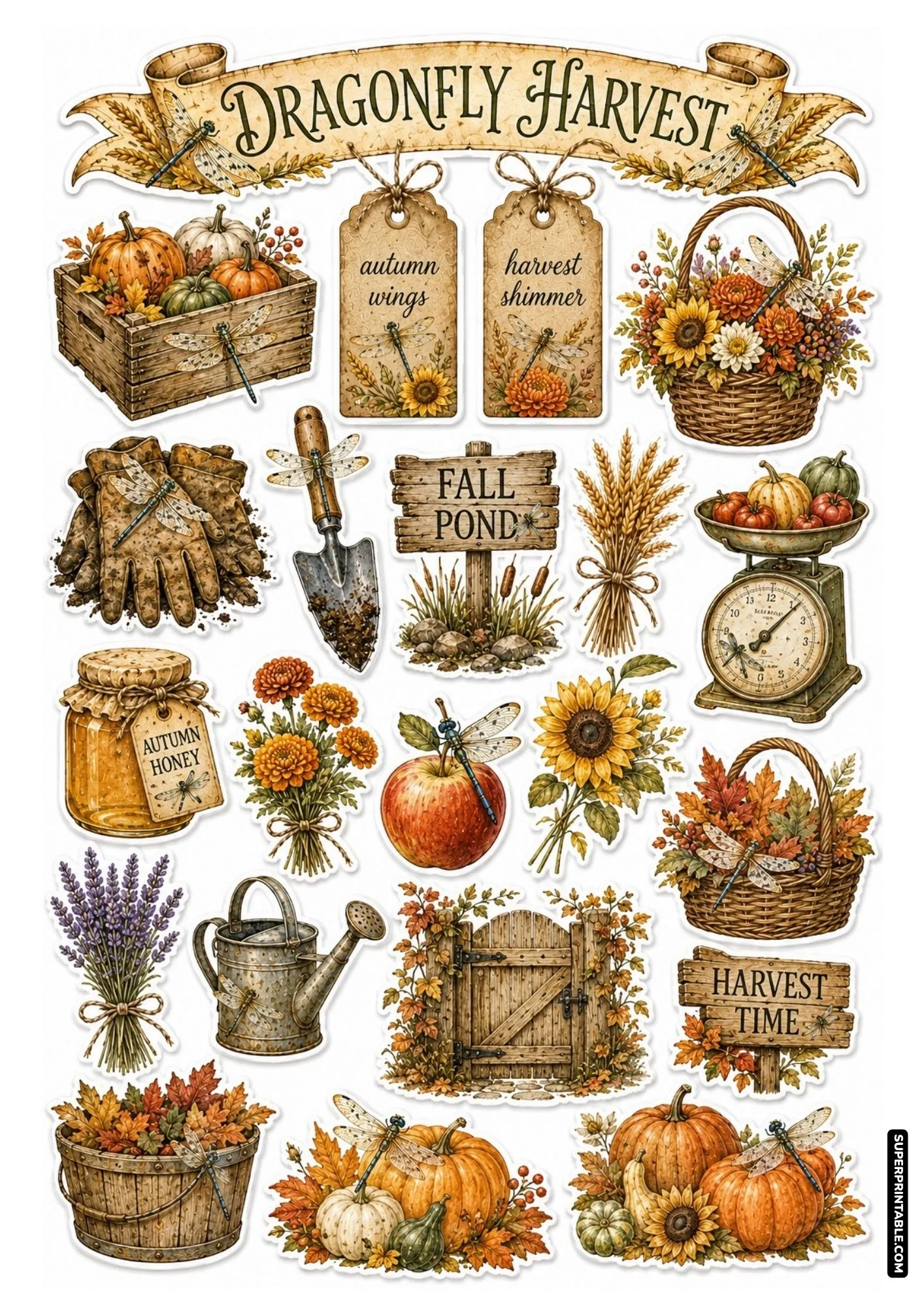 Autumn dragonfly harvest sticker sheet with pumpkins, fall leaves, sunflowers, and rustic wooden crates.
