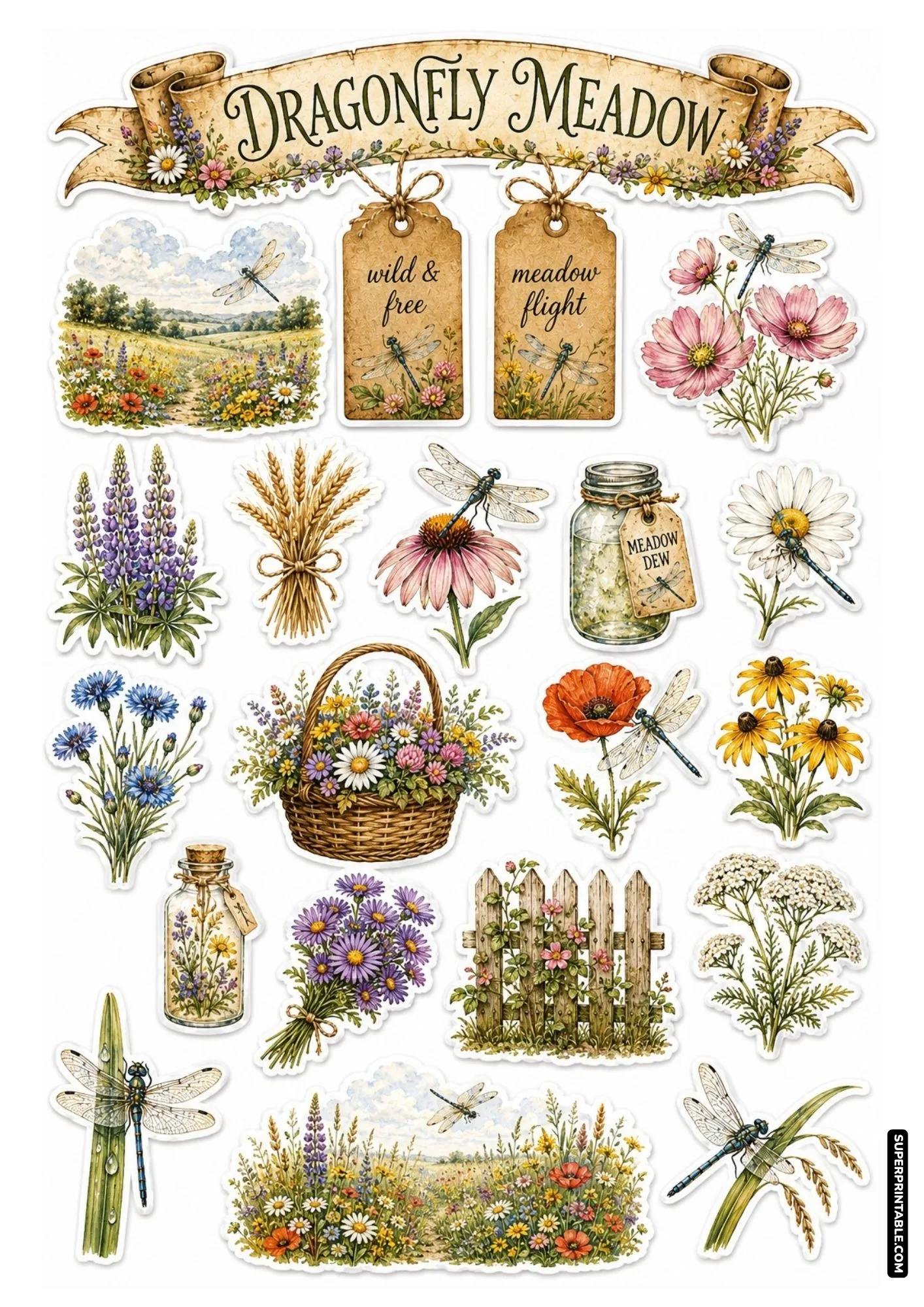 Wildflower meadow sticker sheet with fluttering dragonflies, vibrant poppies, echinacea, and scenic countryside paths.