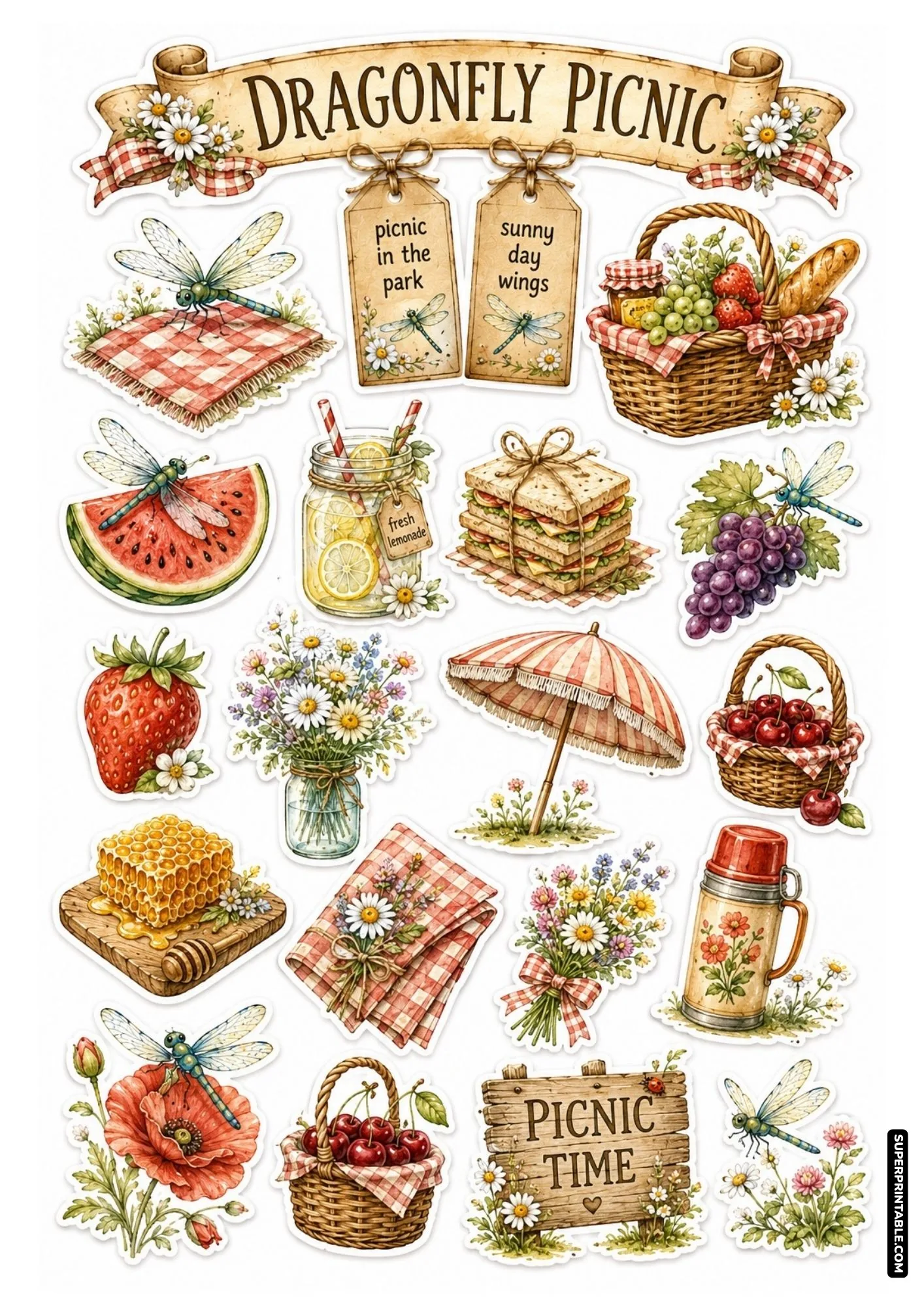 Dragonfly picnic sticker sheet featuring checkered blankets, fruit baskets, fresh lemonade, and summer treats.