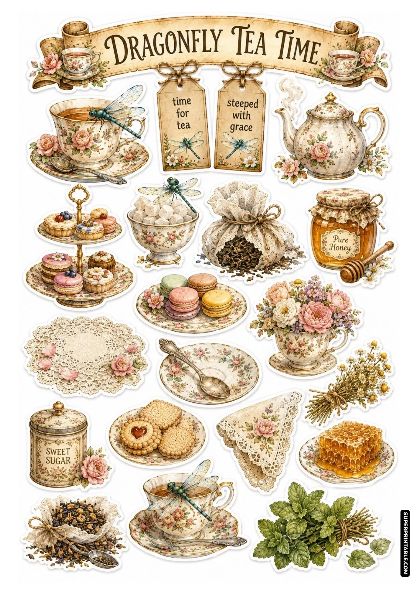 Vintage tea party sticker sheet with delicate china teacups, floral teapots, macarons, and dragonfly decorations.