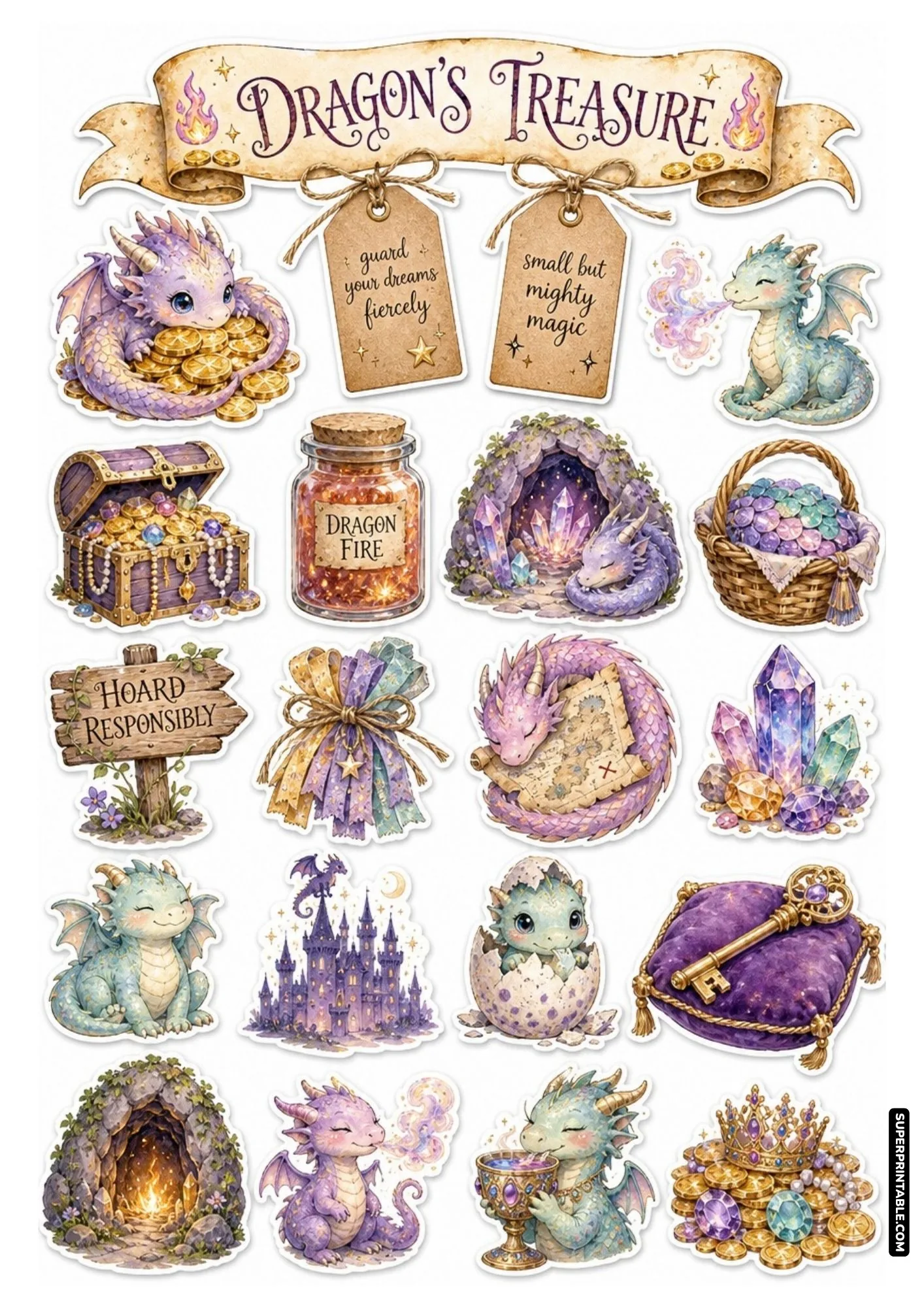 Whimsical purple and teal dragon sticker sheet with treasure chests, gold coins, dragon fire jars, and crystal gems.