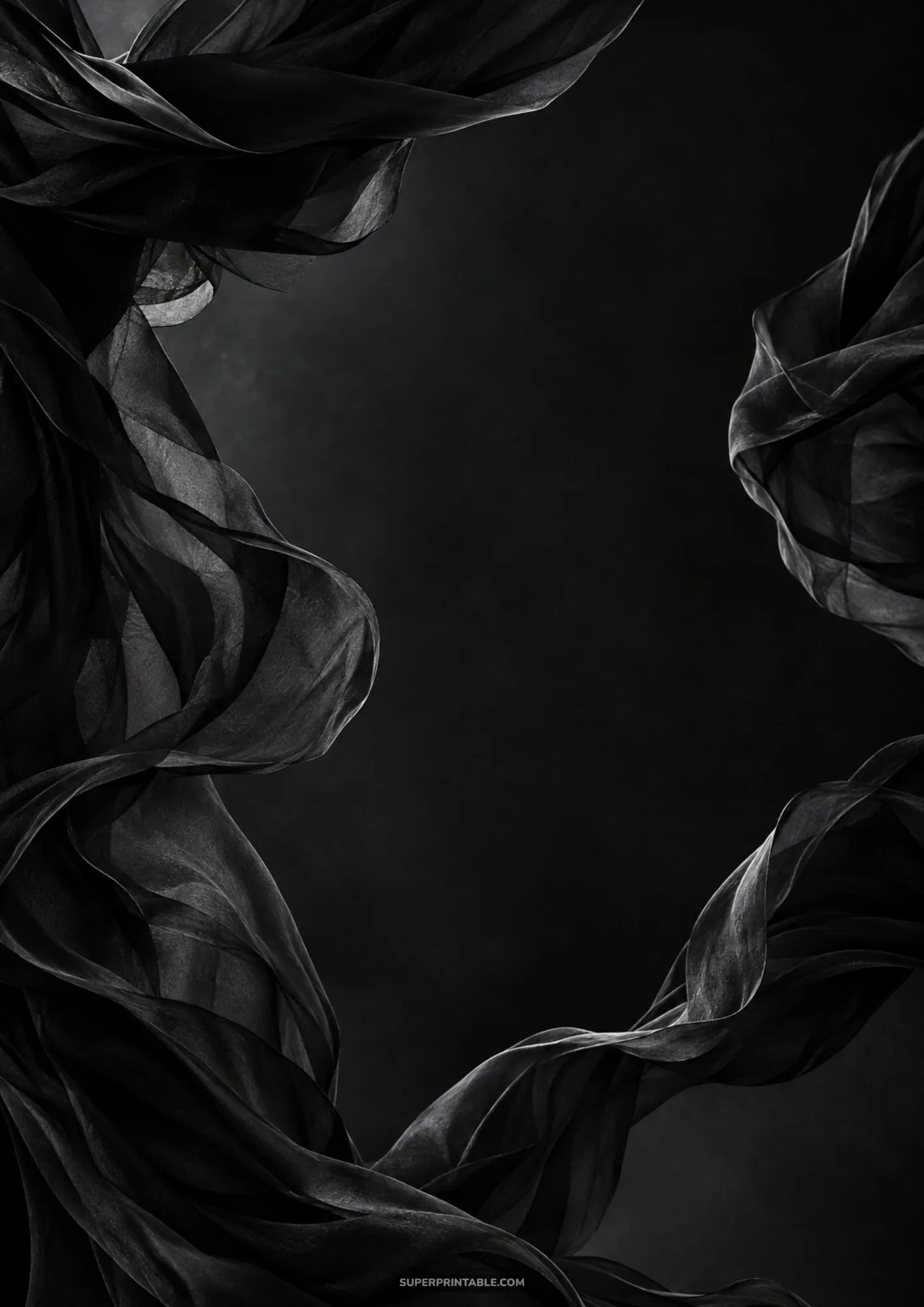 Dramatic black sheer organza fabric swirling dynamically against a dark textured studio backdrop