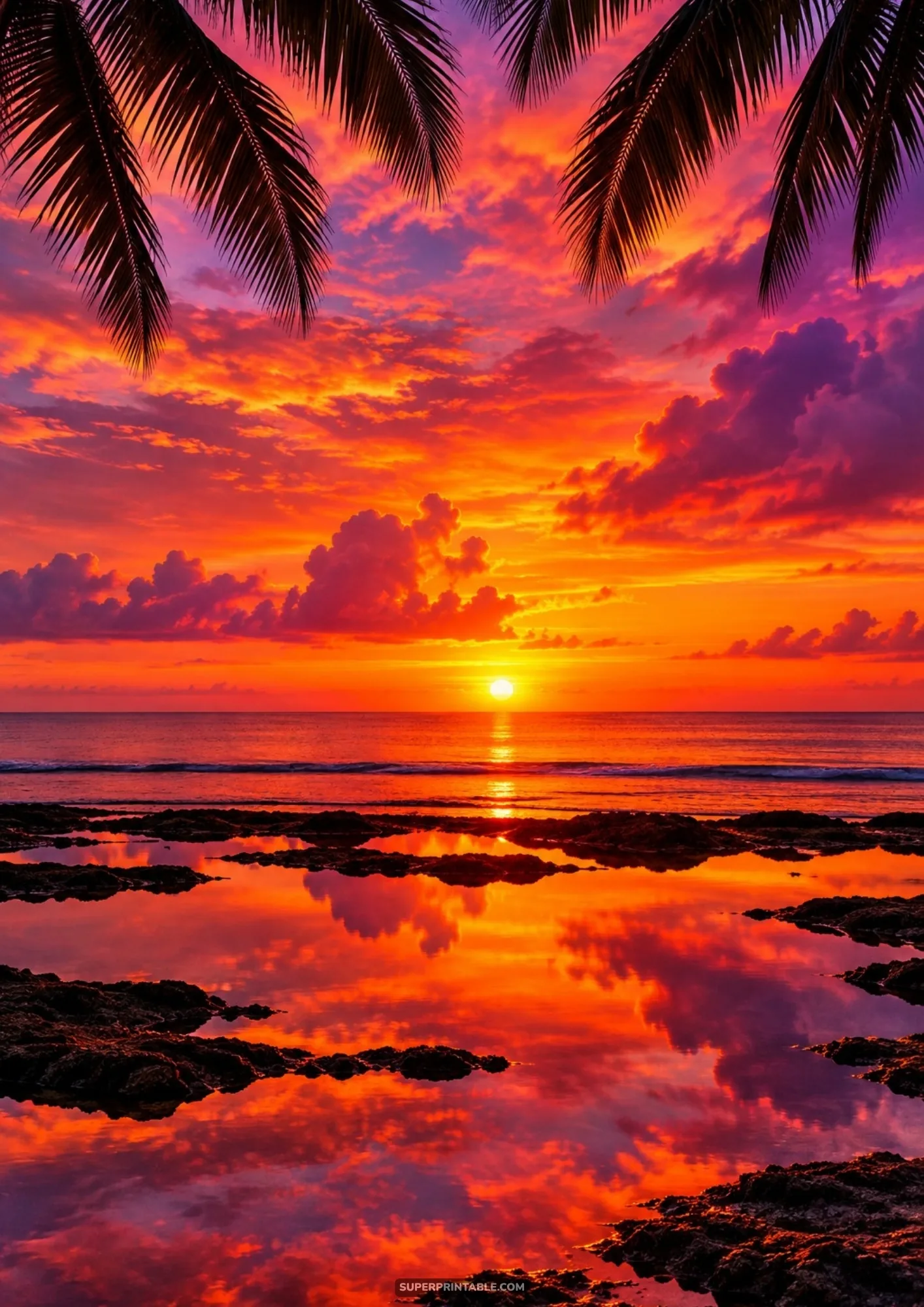 Dramatic ocean sunset with glowing red clouds reflected in tide pools