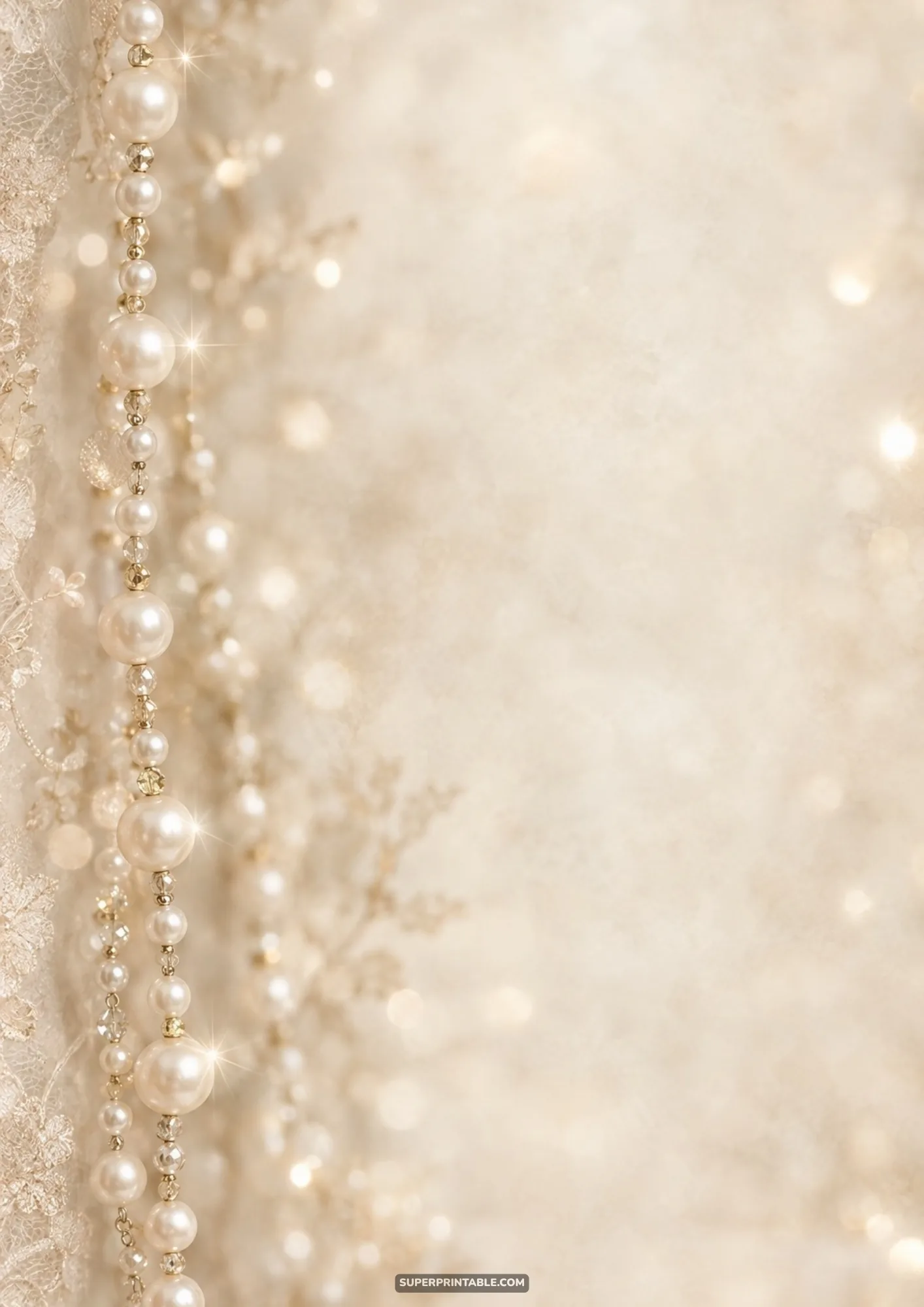 Hanging pearl bead garlands and delicate lace border illuminated by warm glowing bokeh lights