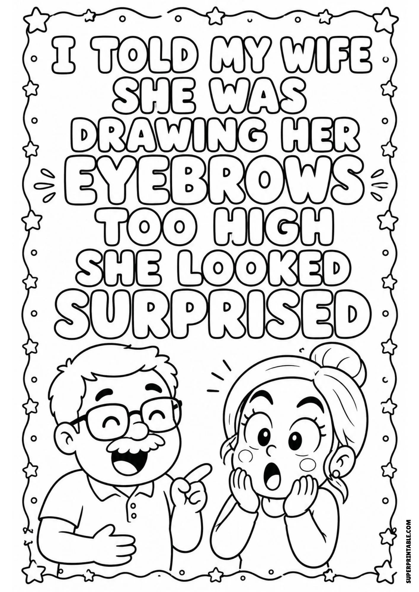 Wife eyebrows joke illustration sheet showing a surprised woman and laughing husband.