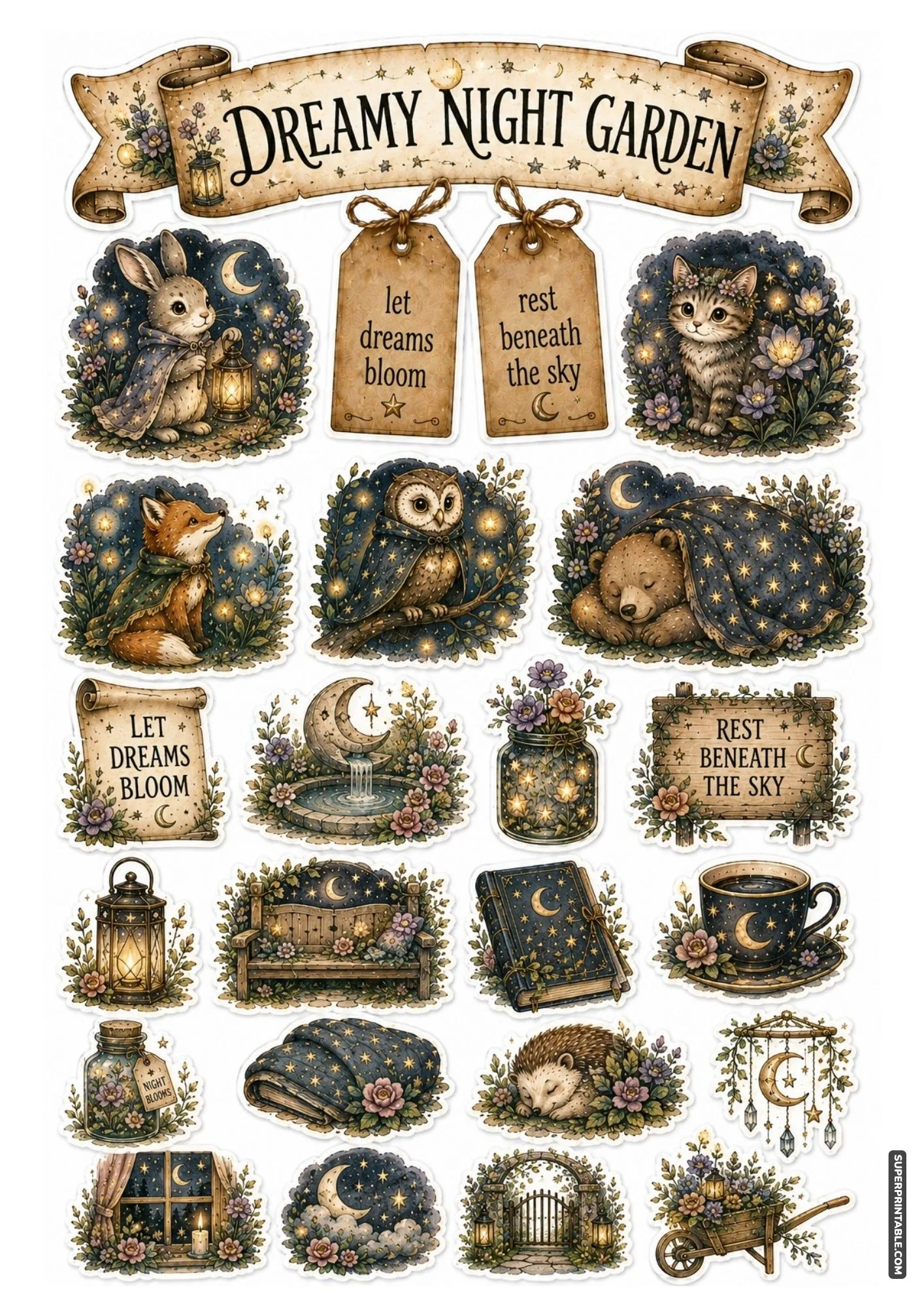 Dreamy night garden sticker sheet depicting magical moonlit florals, lanterns, sleeping bears, and floral arches.